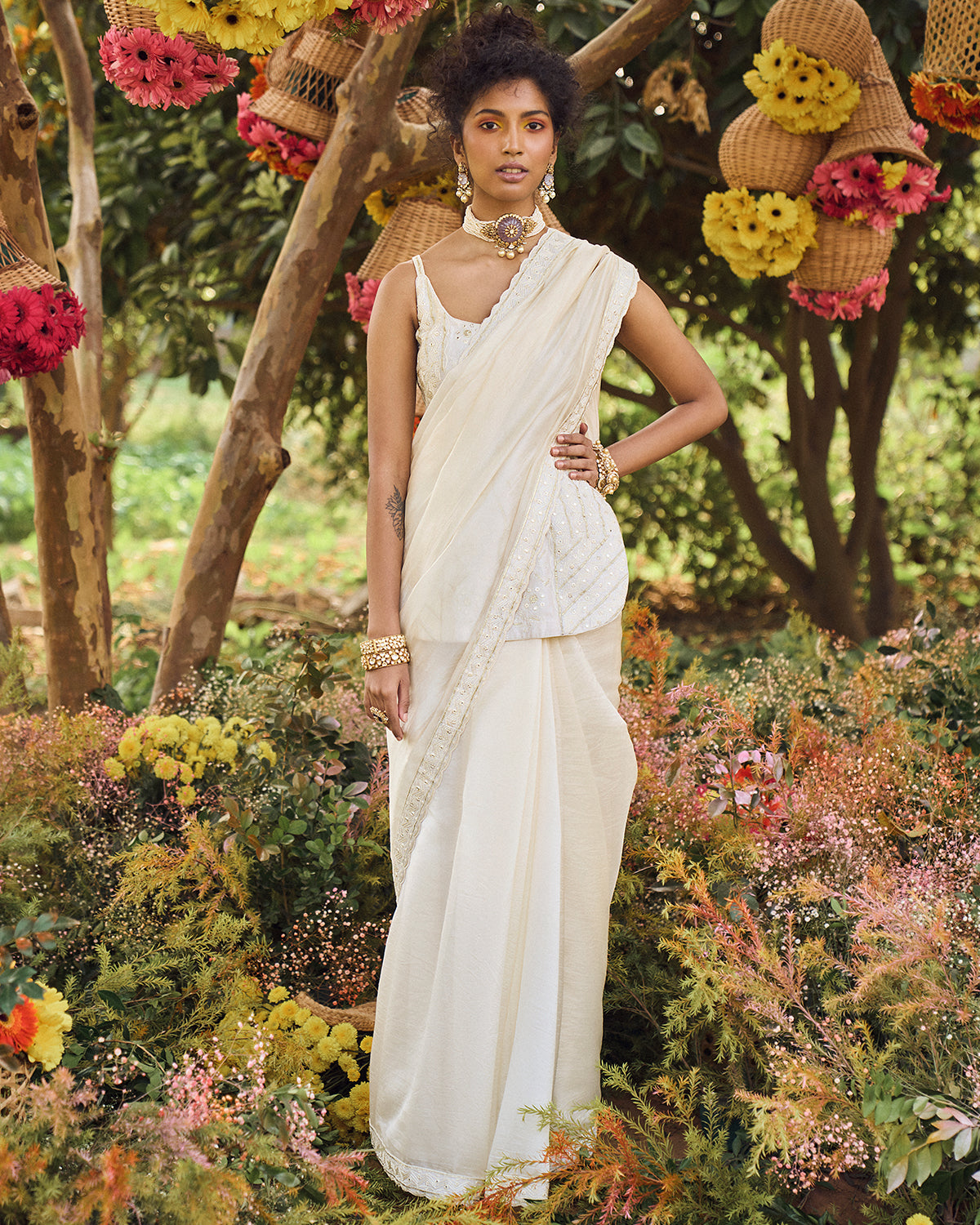 Ivory Organza Silk Sari With Short Kurti | Punit Balana