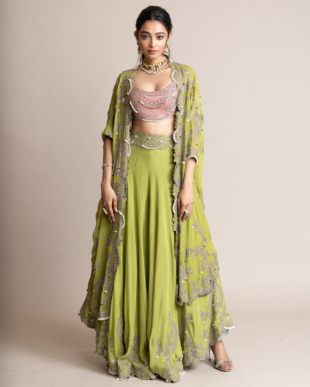 Embroidered Triangle Cape & Circular Pant Set