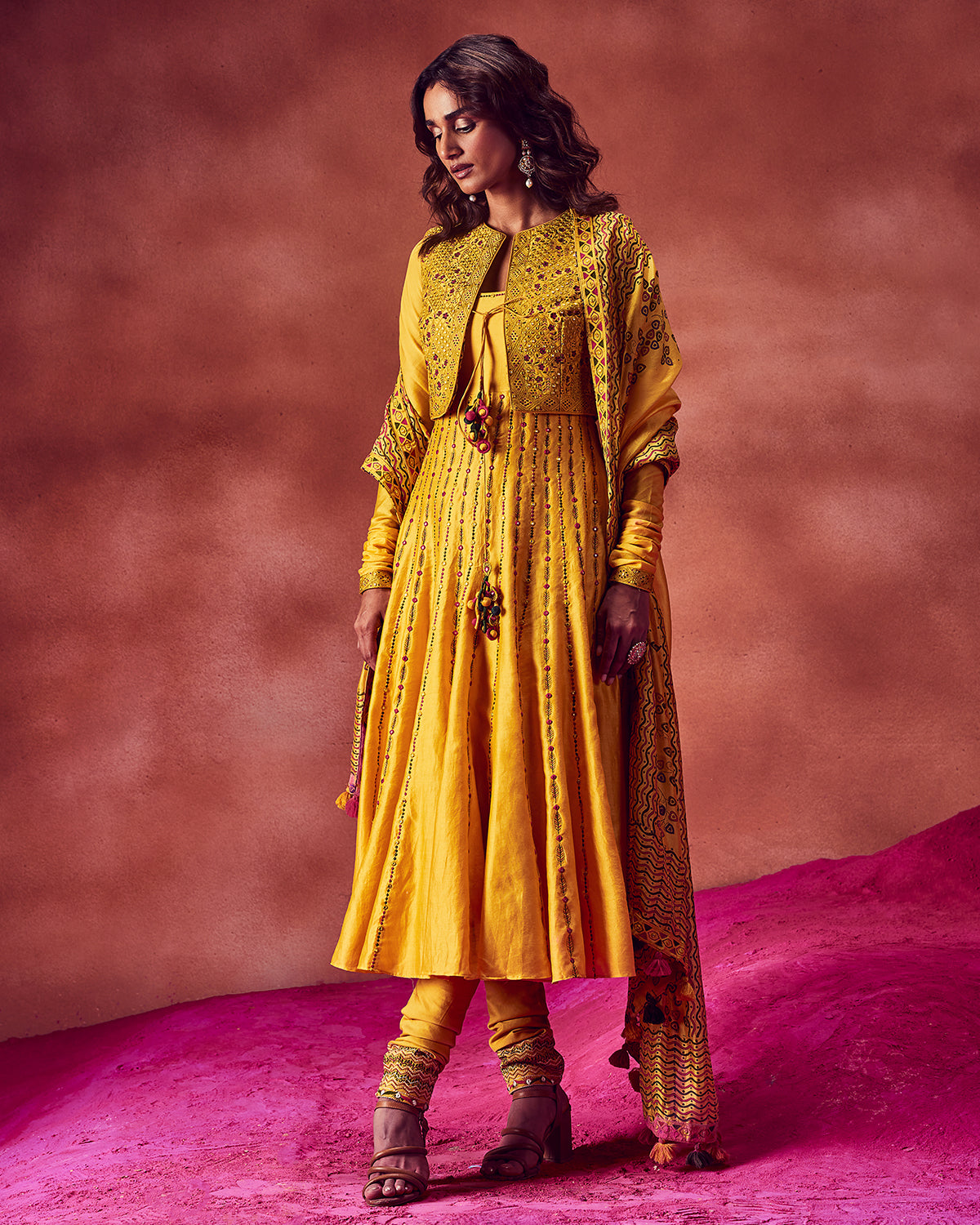 Yellow Resham Anarkali And Jacket Set