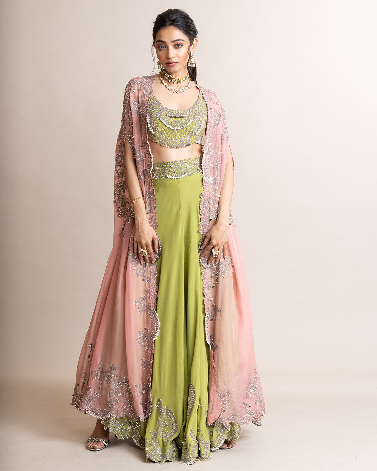 Pista Green Embroidered Sharara Set With Contrast Cape by Nupur Kanoi