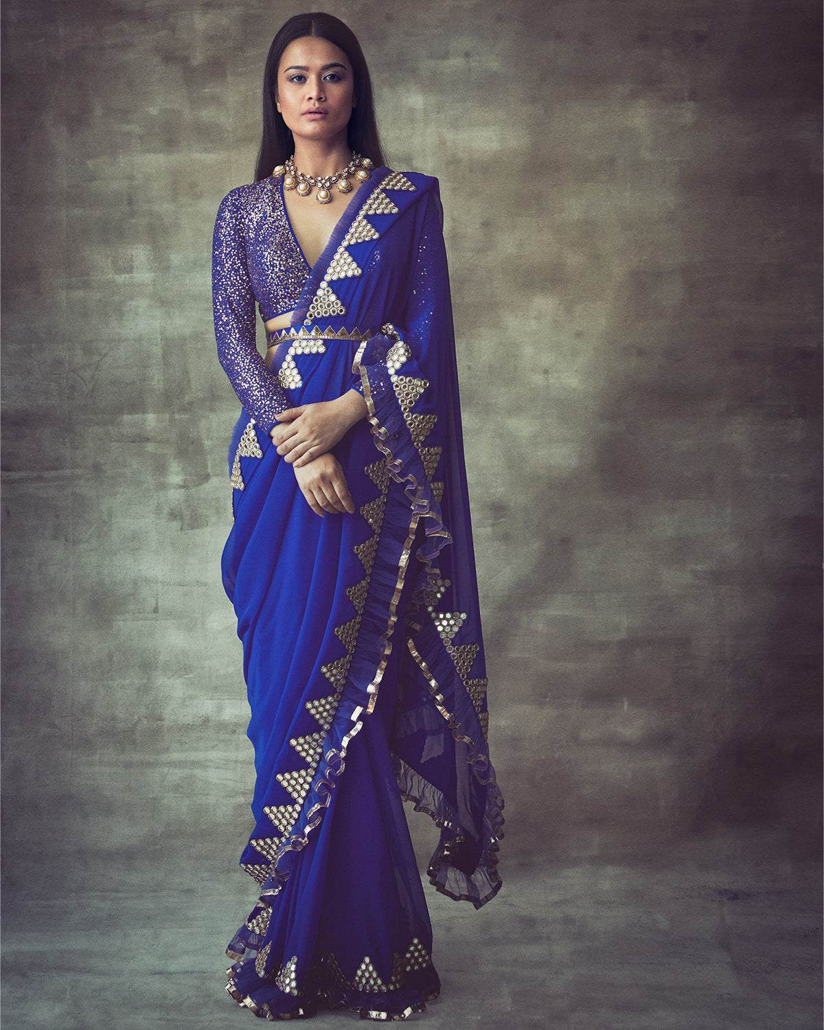Royal Blue Mirror Border Frill Sari Set