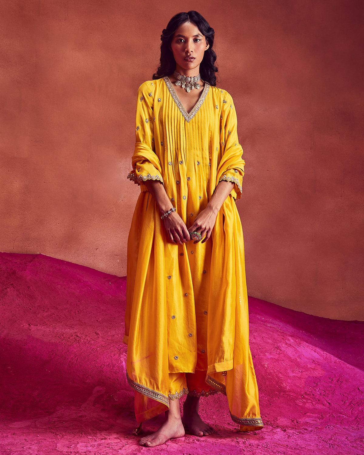 Yellow Silk Anarkali With Pants & Dupatta by Punit Balana
