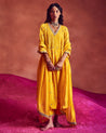 Yellow Silk Anarkali With Pants & Dupatta by Punit Balana
