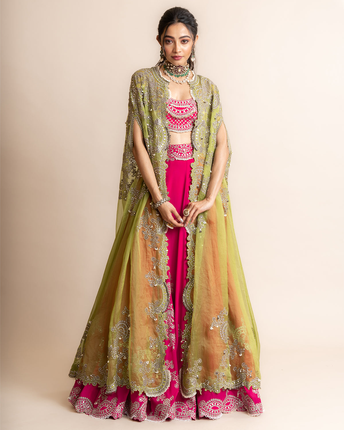 Mirror Embroidered Lehenga Set With Contrast Cape by Nupur Kanoi