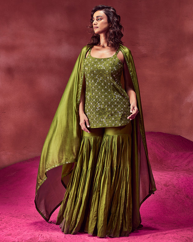 Olive Green Silk Gharara Set by Punit Balana