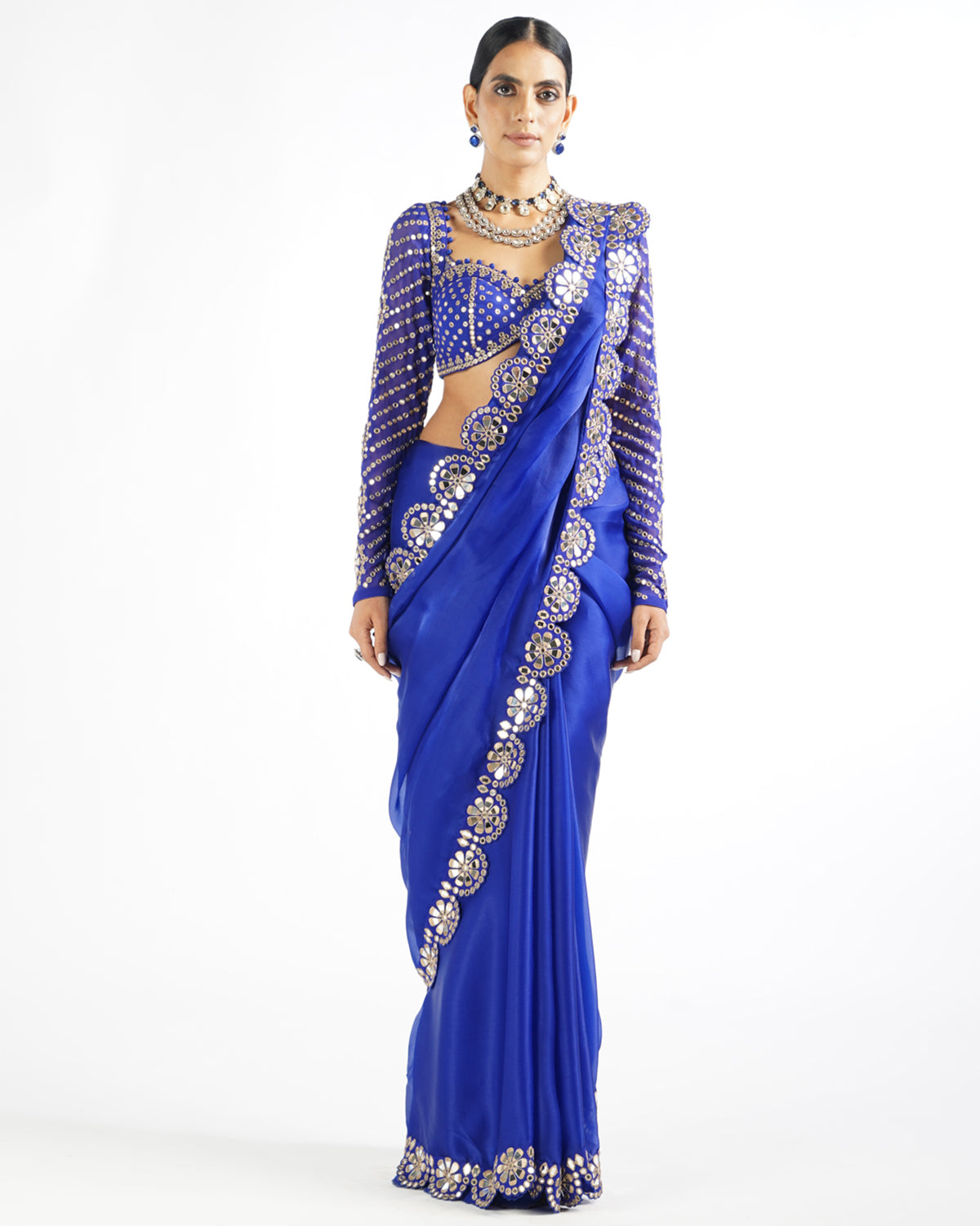 Royal Blue Mirror Work Sari Set