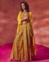 Yellow Satin Silk Printed Draped Skirt Set by Punit Balana