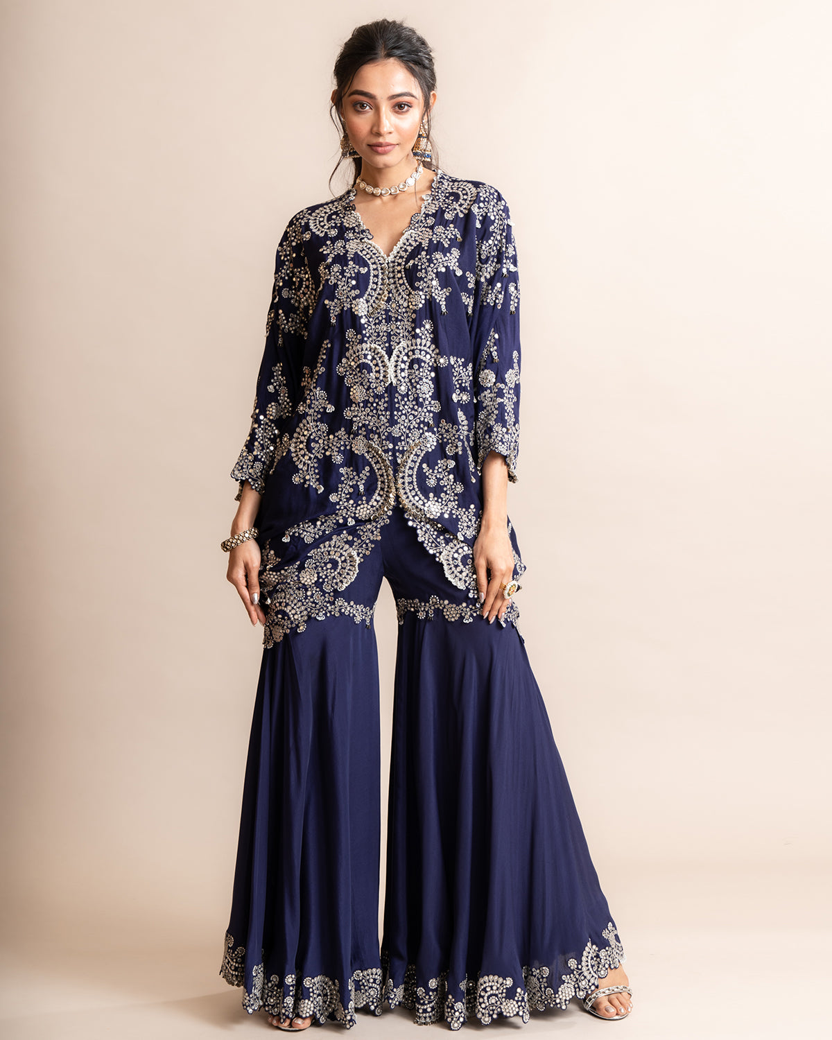 Navy Hand Embroidered Tunic With Gharara by Nupur Kanoi