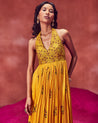 Yellow Printed Long Crush Dress by Punit Balana