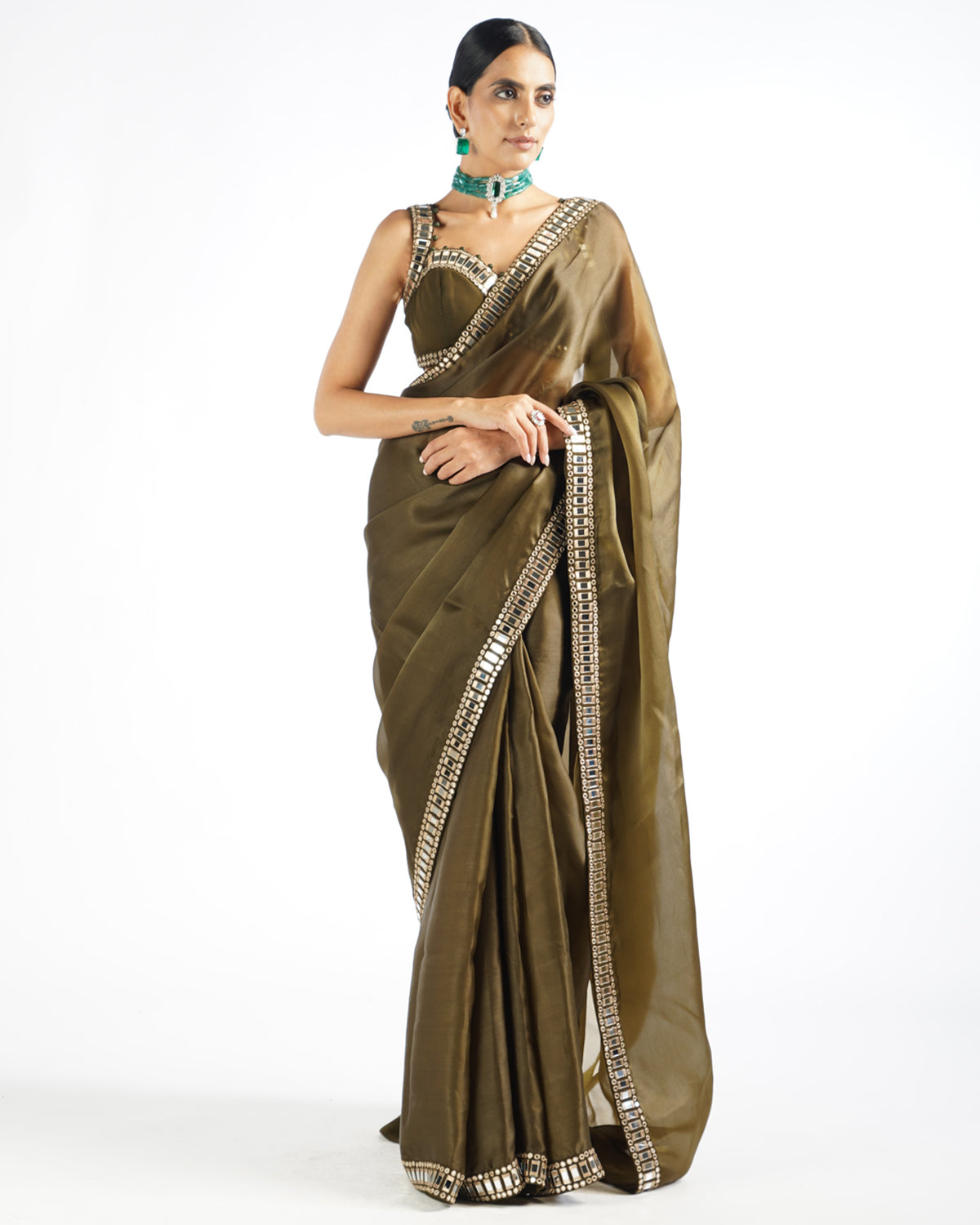 Olive Green Mirror Work Sari Set by Vvani by Vani Vats