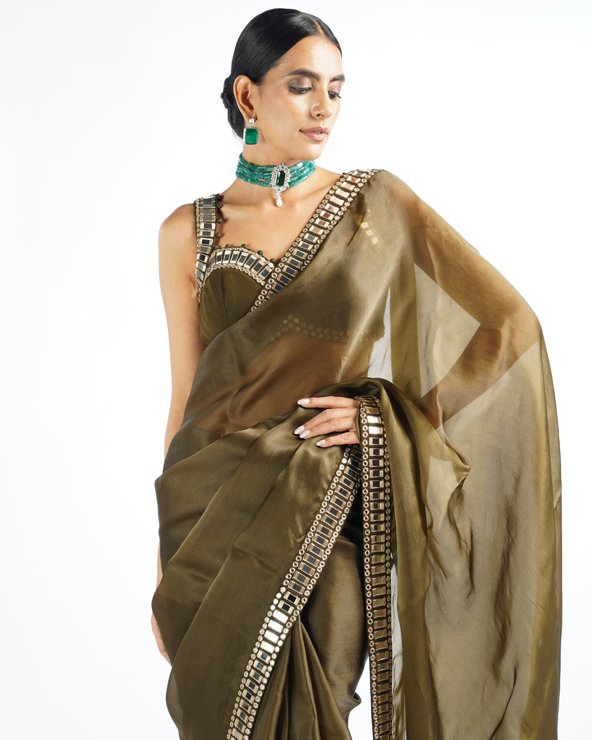 Olive Green Mirror Work Sari Set