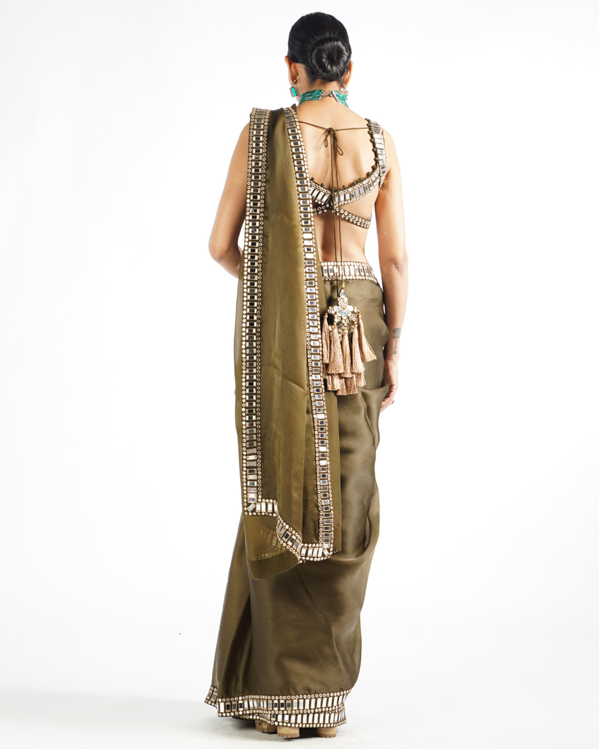Olive Green Mirror Work Sari Set