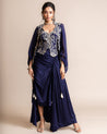  Navy Satin Gathered Skirt Set With Cape by Nupur Kanoi