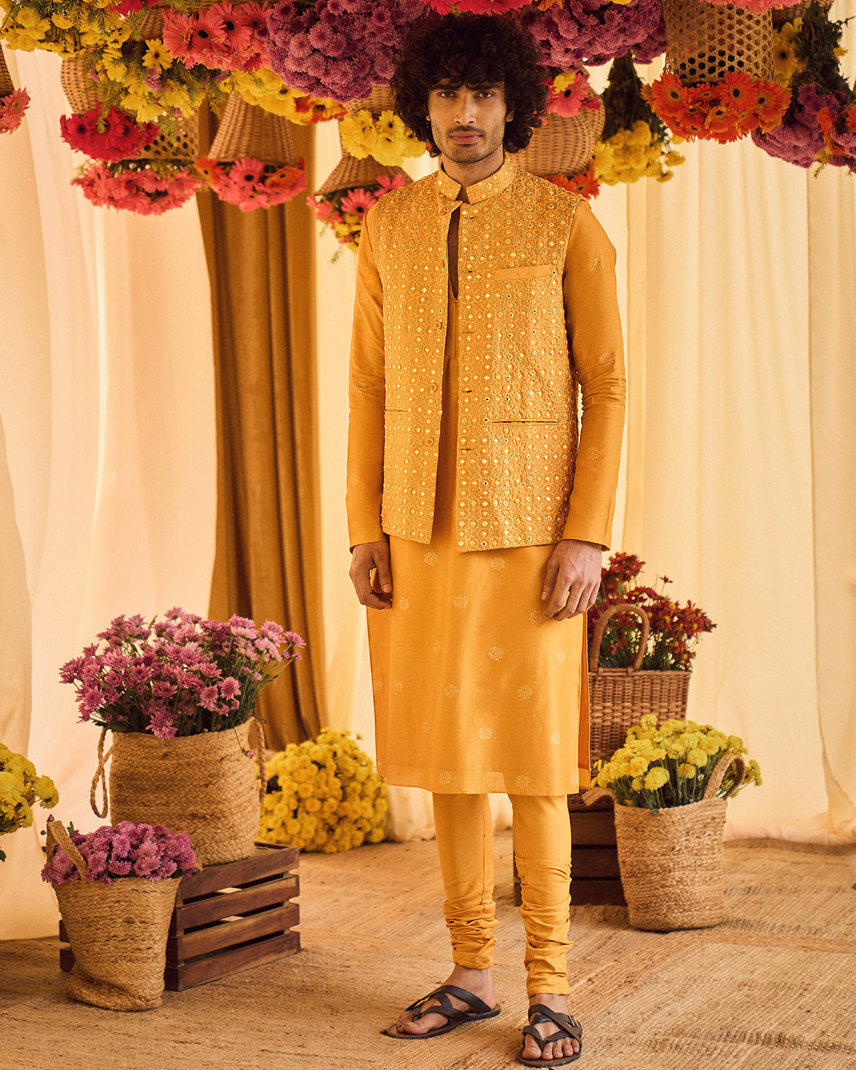 Mustard Kurta Chudidar With Fully Embellished Bandi by Punit Balana