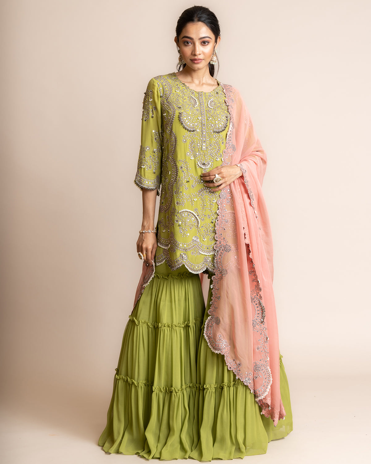 Green Crepe Hand Embroidered Kurta Set by Nupur Kanoi