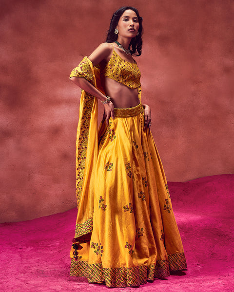 Deep Yellow Banarasi Lehenga Set with Hand-Embroidered Gota Work Blouse -  Seasons India