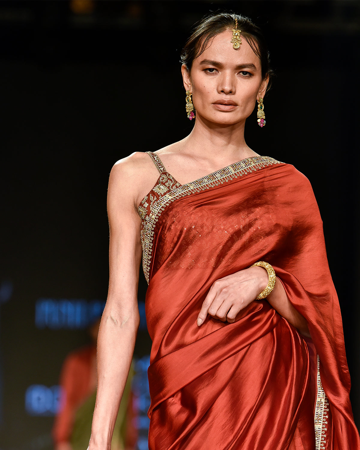 Brick Red Embroidered Sari With Strappy Blouse