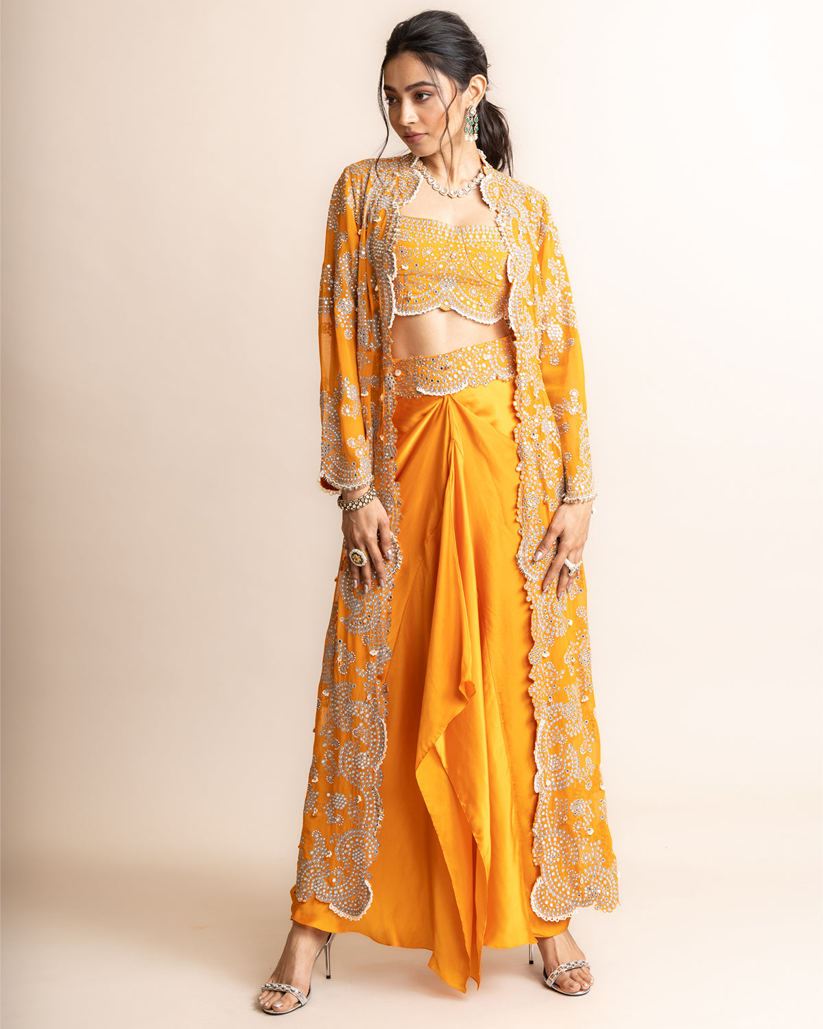 Orange Satin Hand Embroidered Skirt Set by Nupur Kanoi