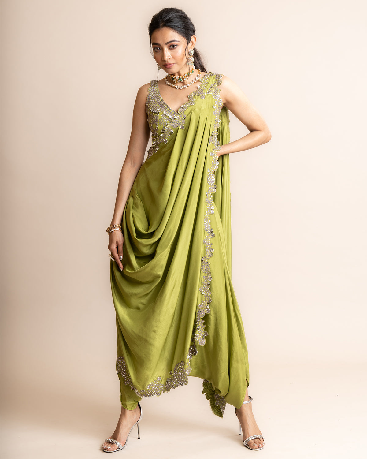 Pista Green Pre-Draped Dhoti Sari Set