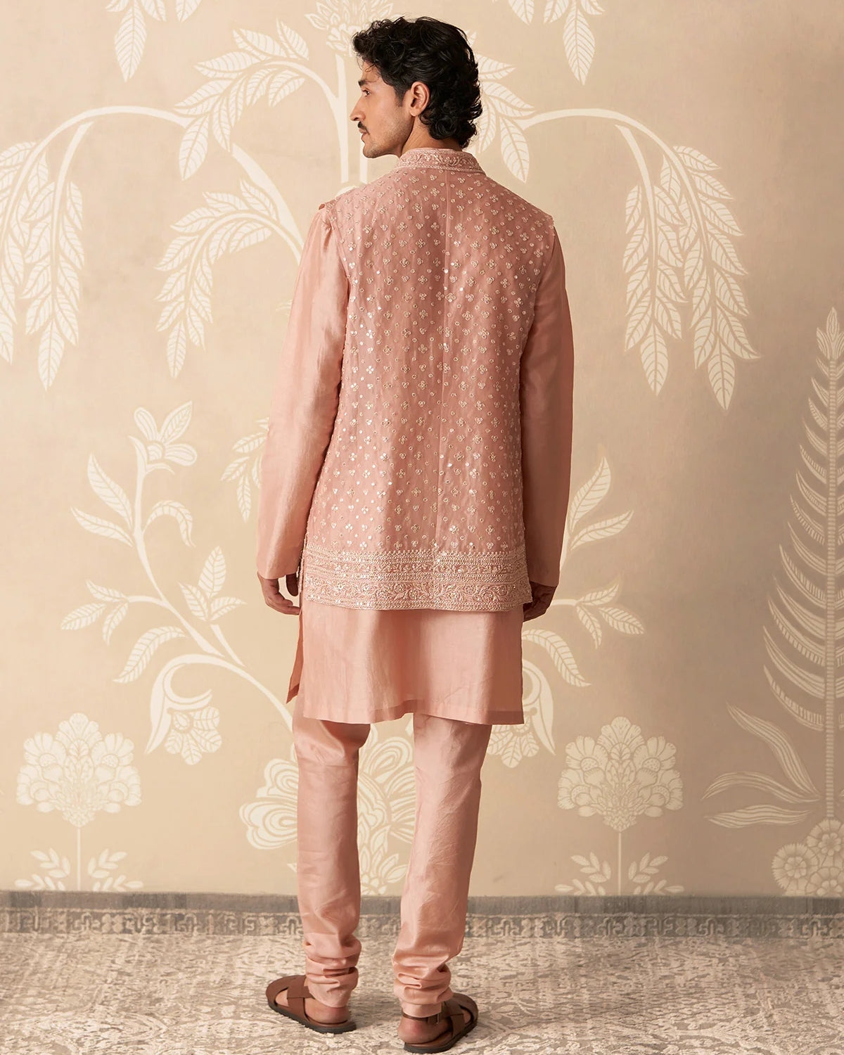 Dusky Pink Chanderi Allover Embroidered Bandi Set