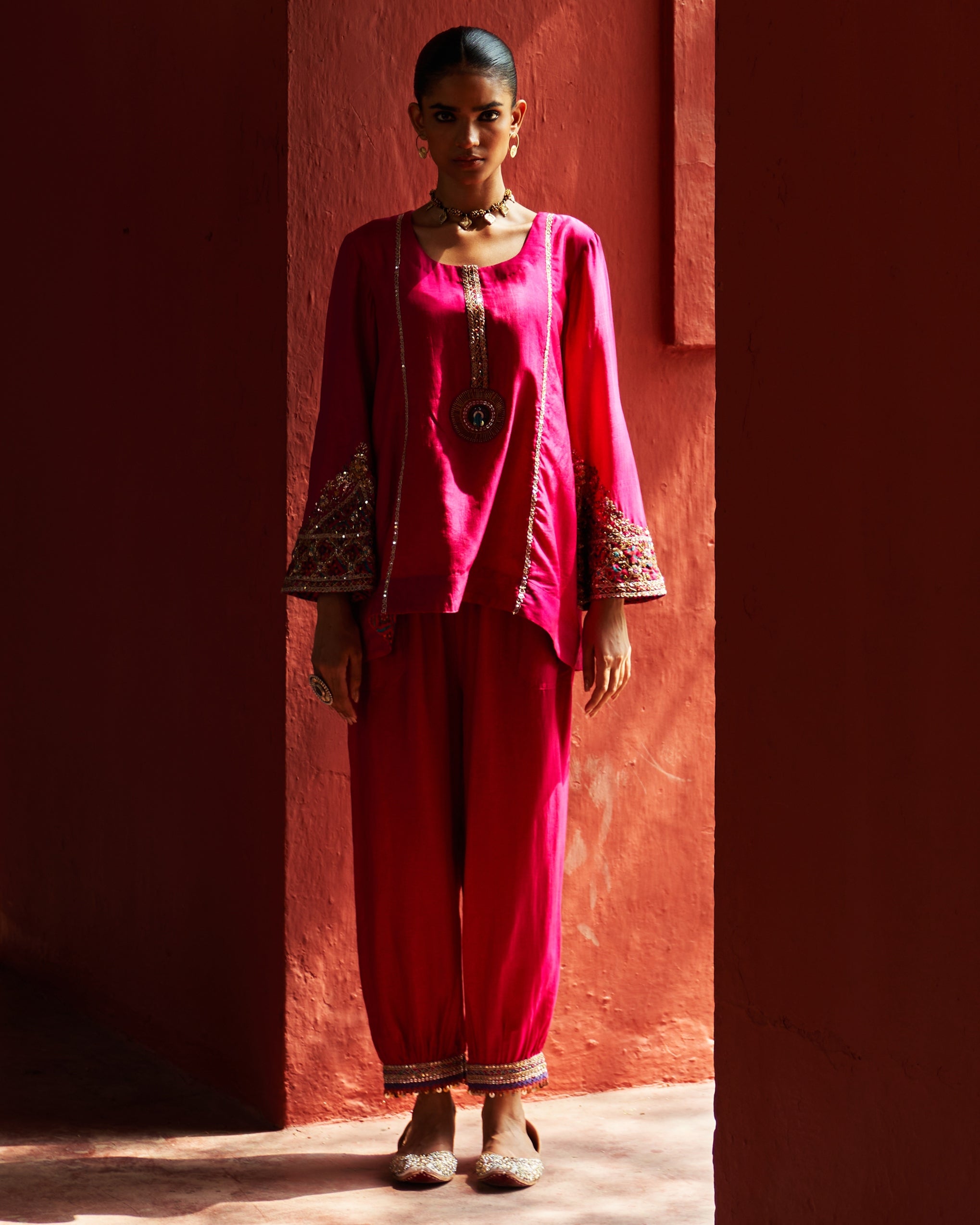 Pink Embroidered Kurta With Cropped Salwar Set