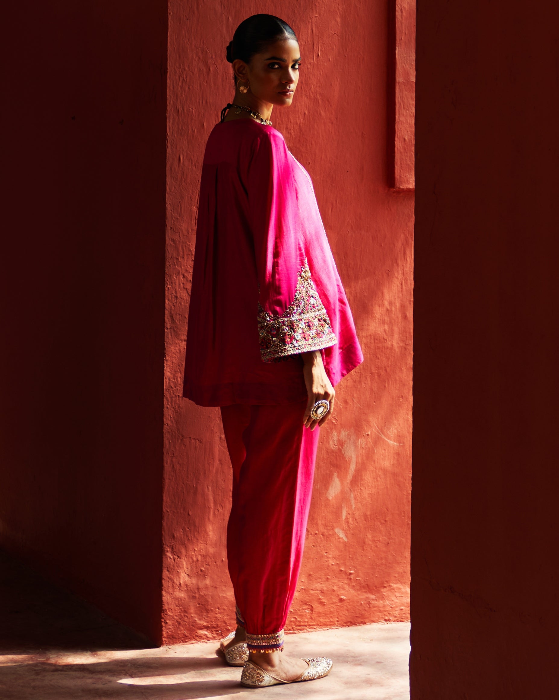 Pink Embroidered Kurta With Cropped Salwar Set