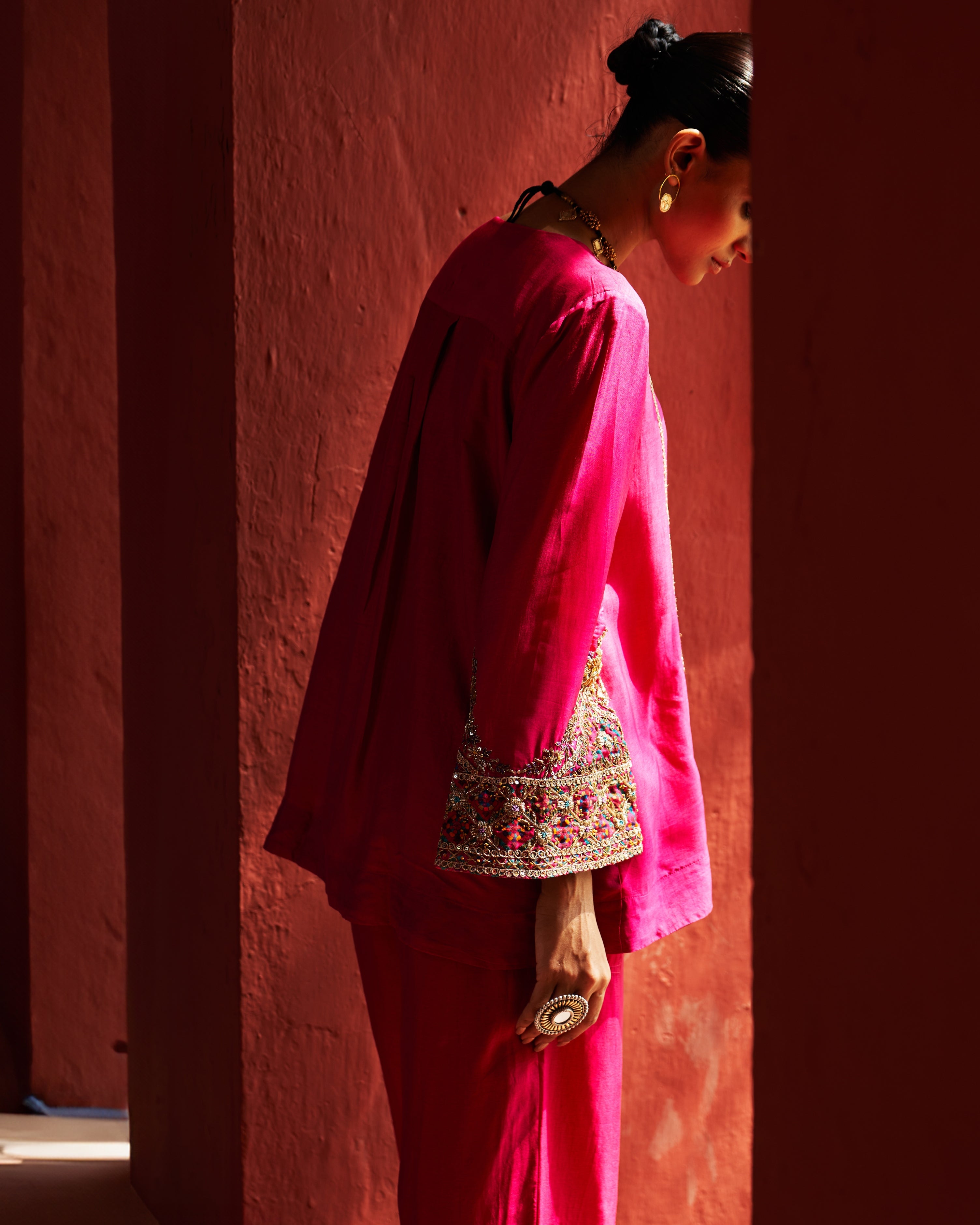 Pink Embroidered Kurta With Cropped Salwar Set