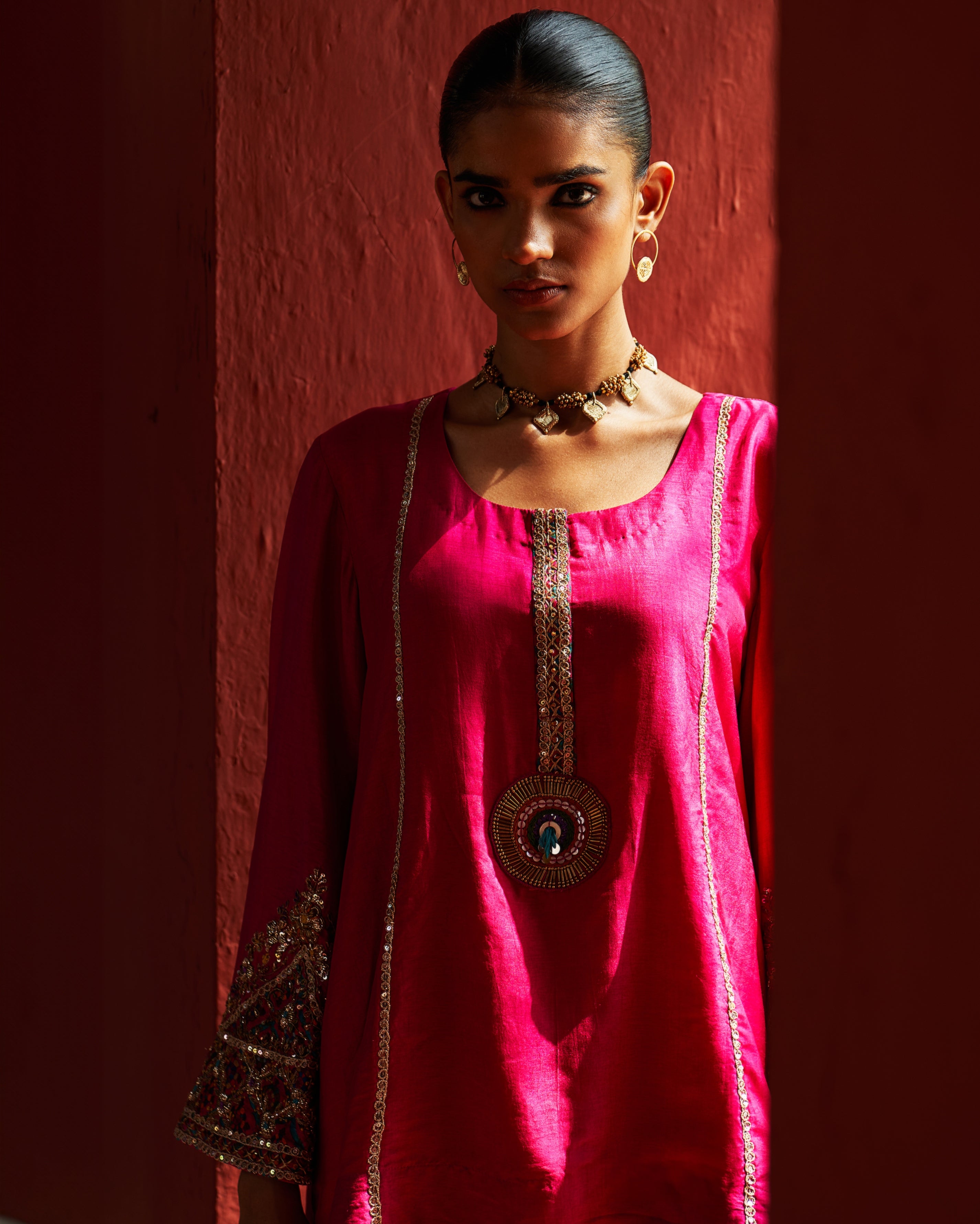 Pink Embroidered Kurta With Cropped Salwar Set