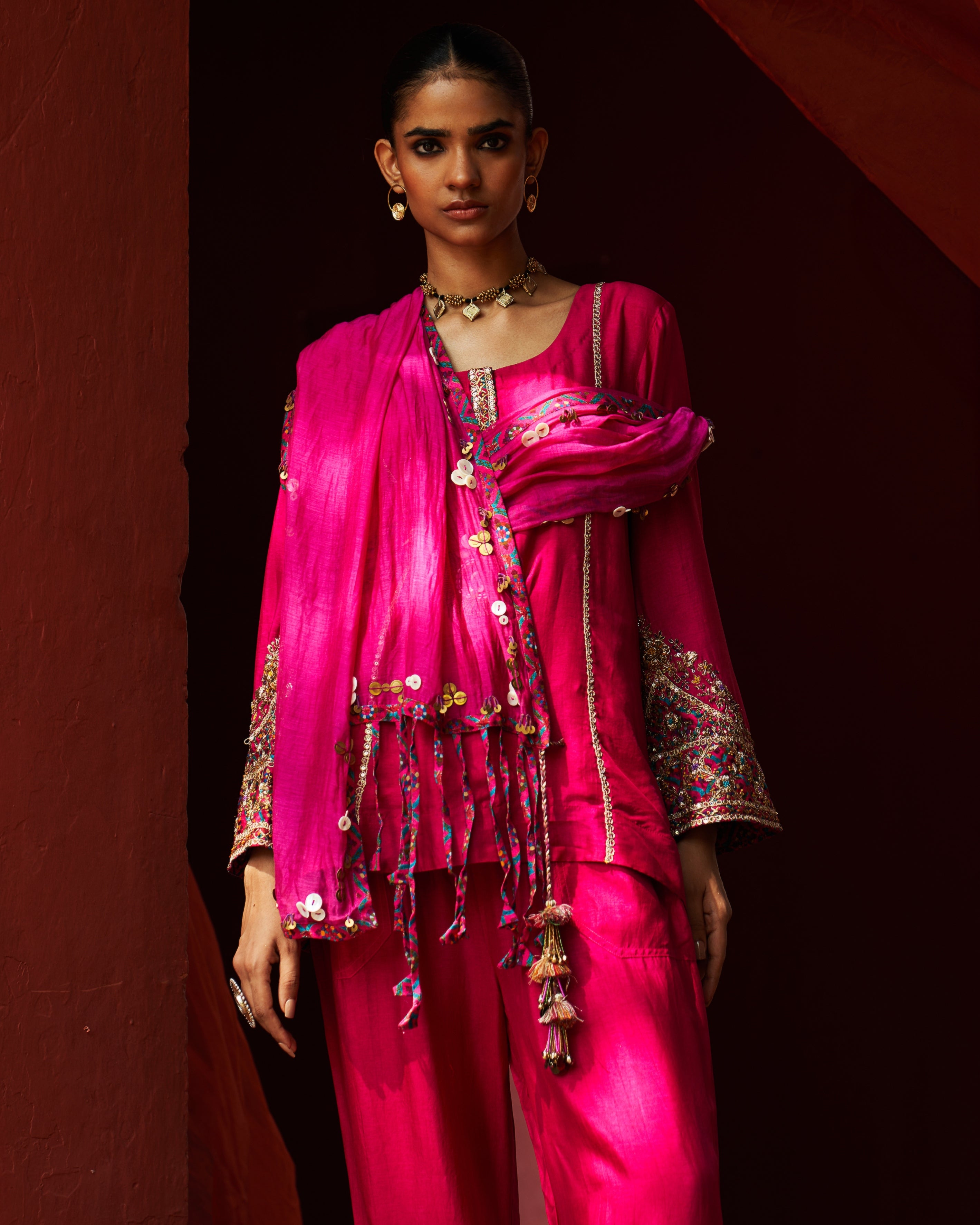 Pink Embroidered Kurta With Cropped Salwar Set