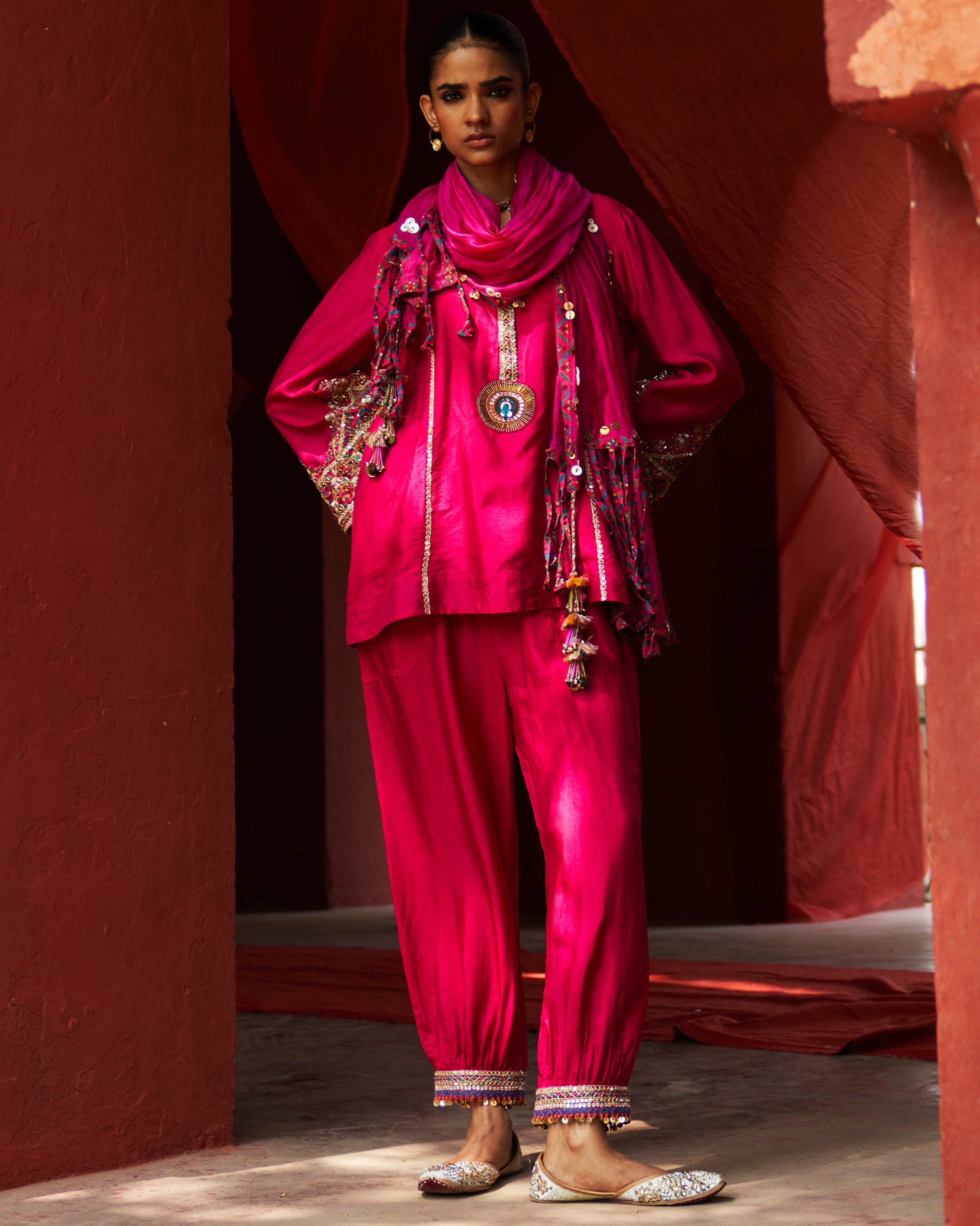 Pink Embroidered Kurta With Cropped Salwar Set