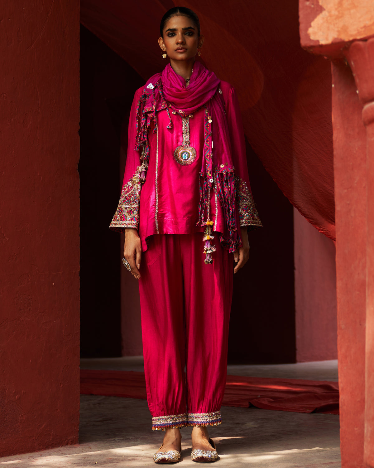 Pink Embroidered Kurta With Cropped Salwar Set