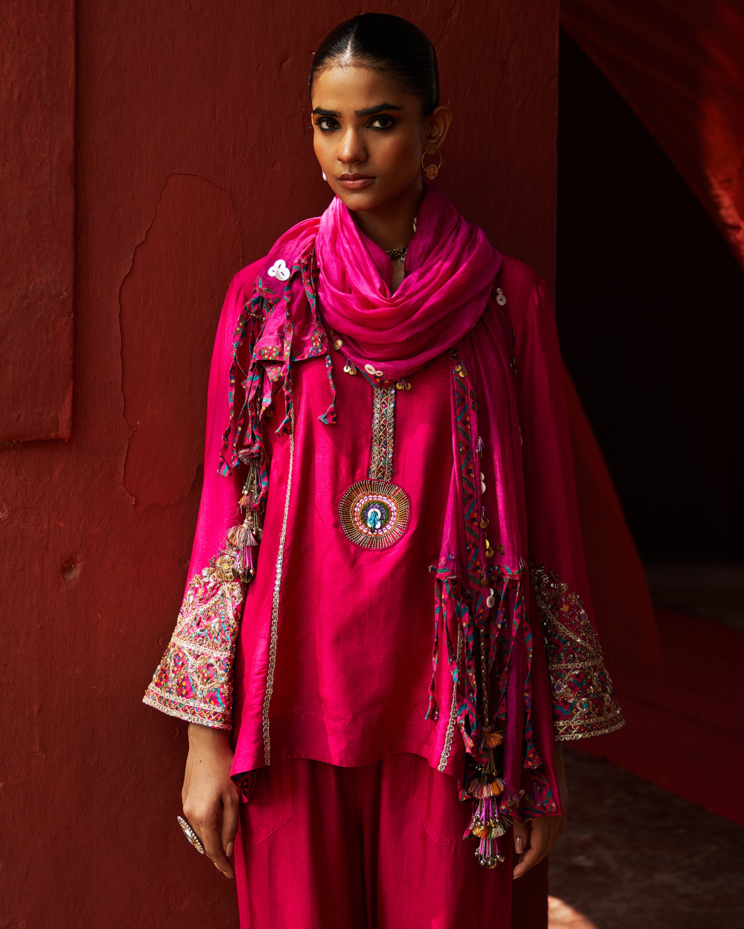 Pink Embroidered Kurta With Cropped Salwar Set