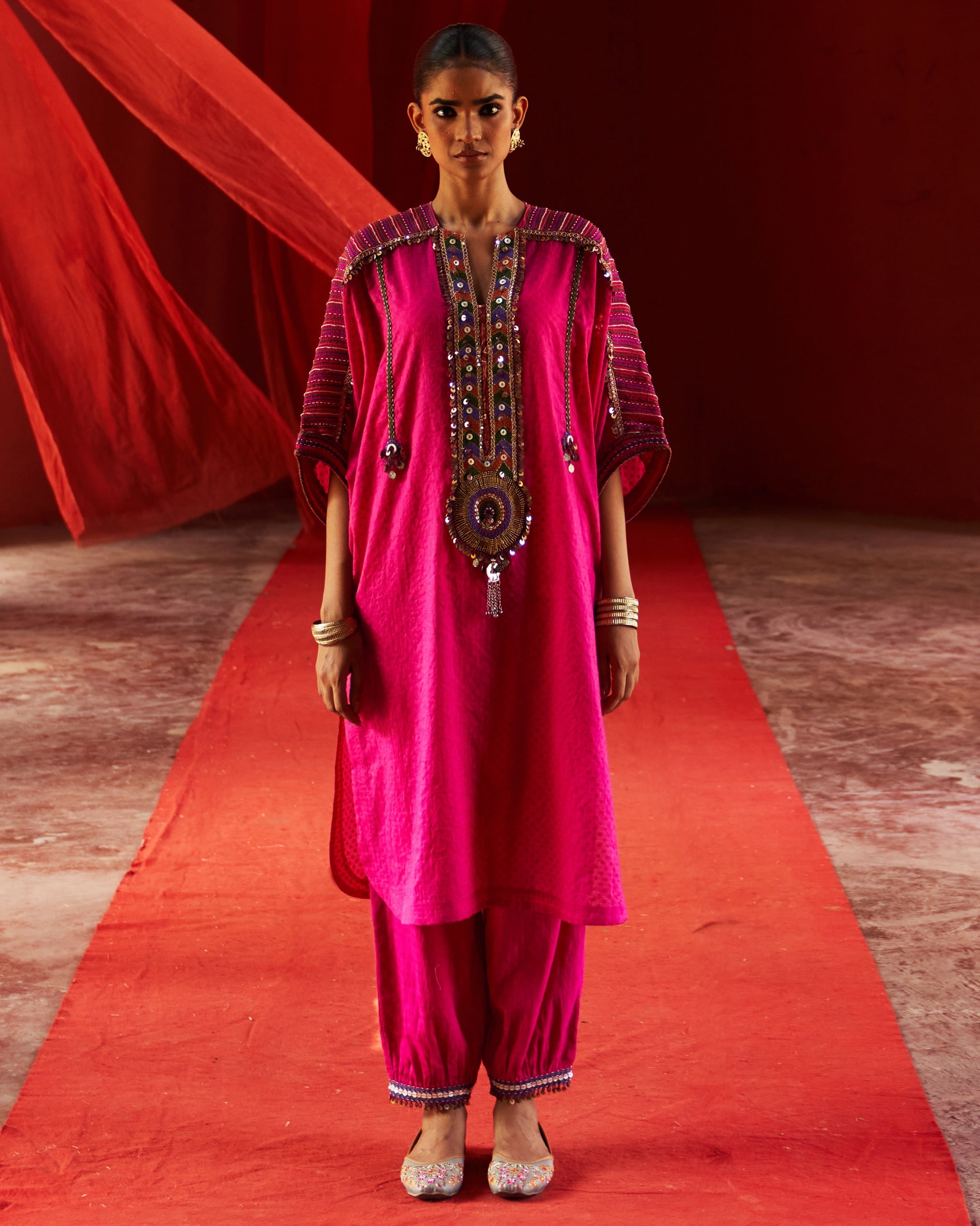 Pink Chanderi Kaftan Kurta Set