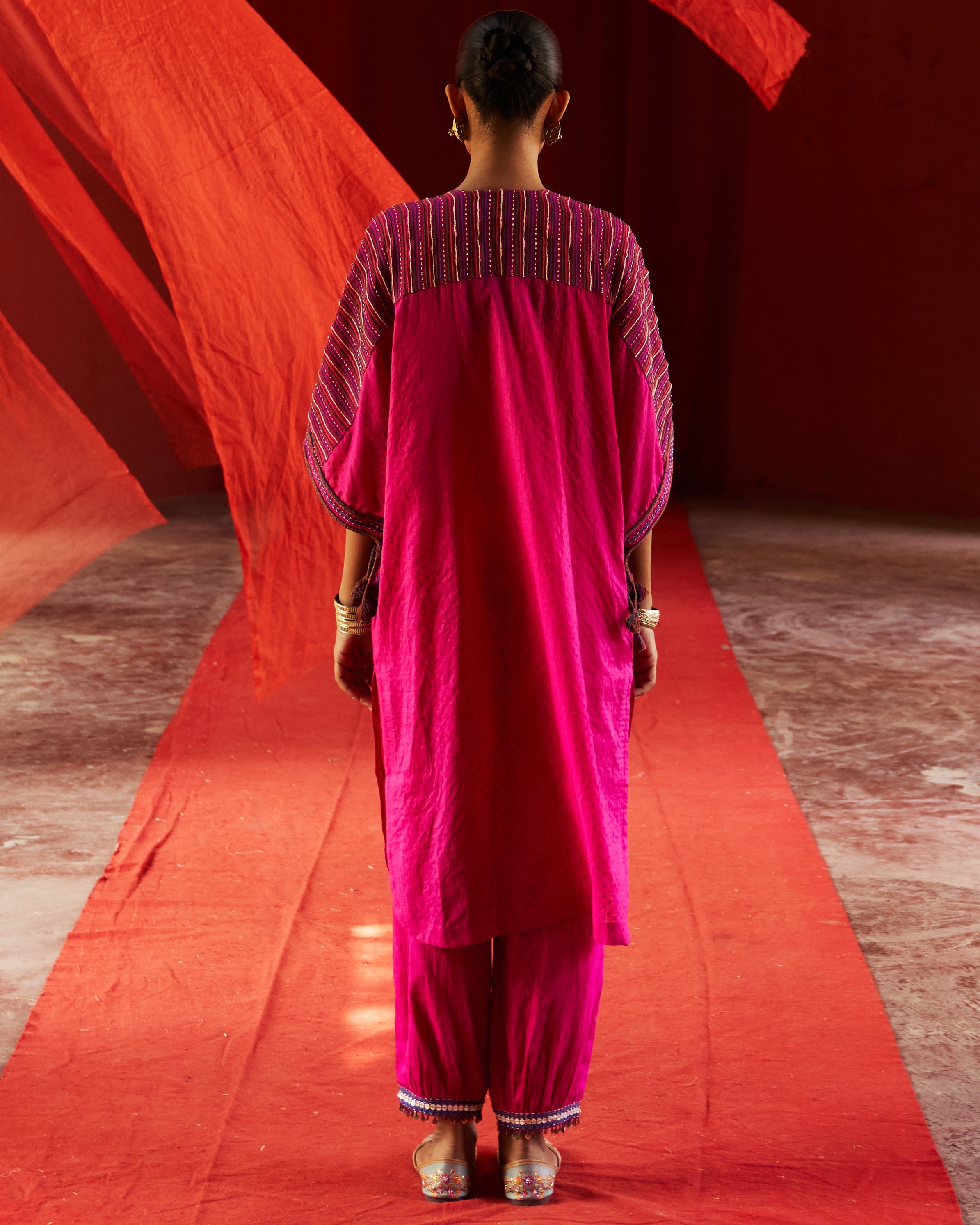 Pink Chanderi Kaftan Kurta Set