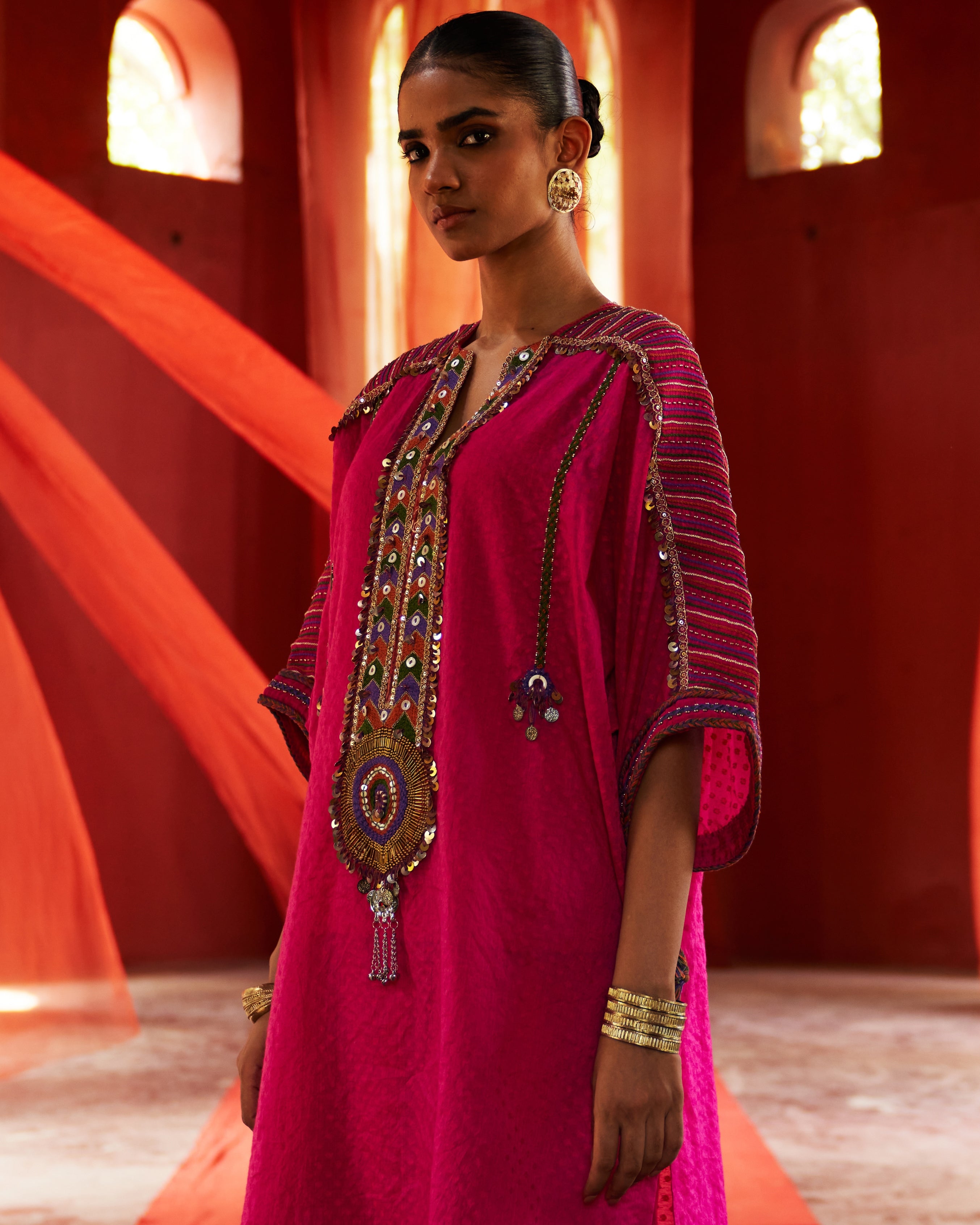 Pink Chanderi Kaftan Kurta Set