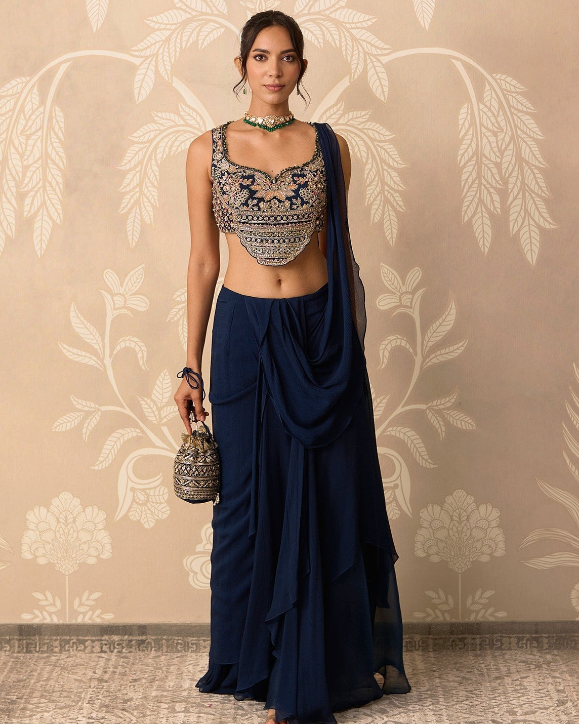 Navy Knot Sari Set