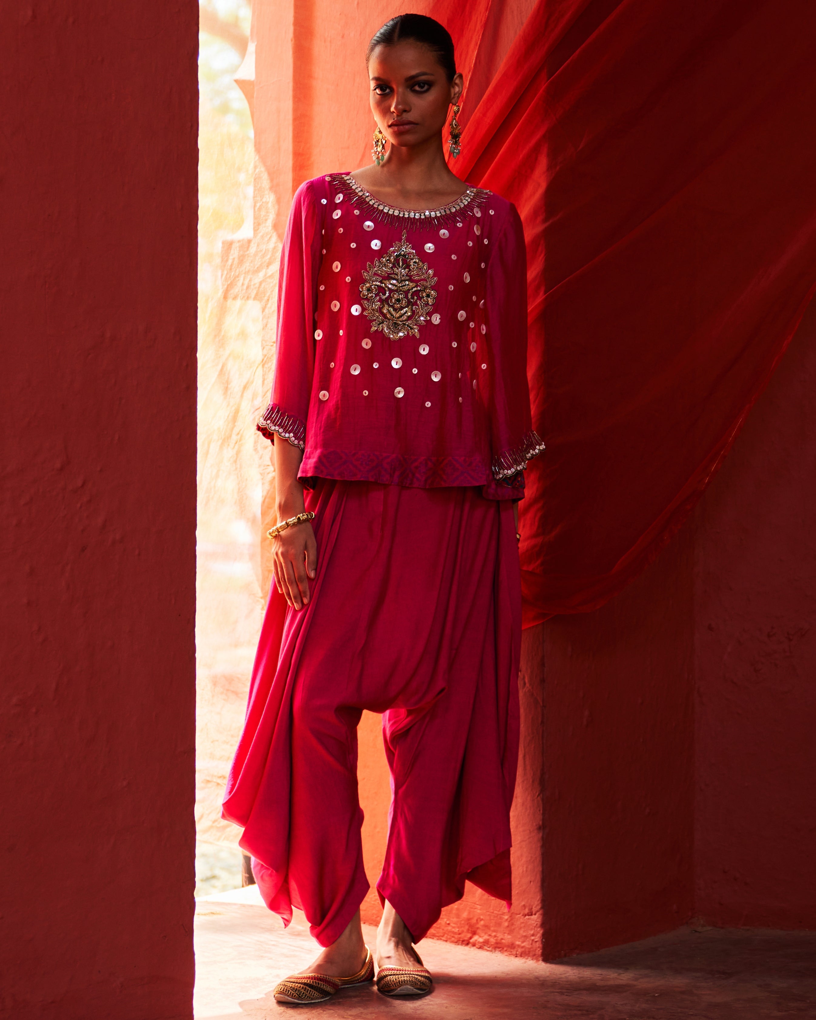 Pink Chanderi Top With Drape Pant Set