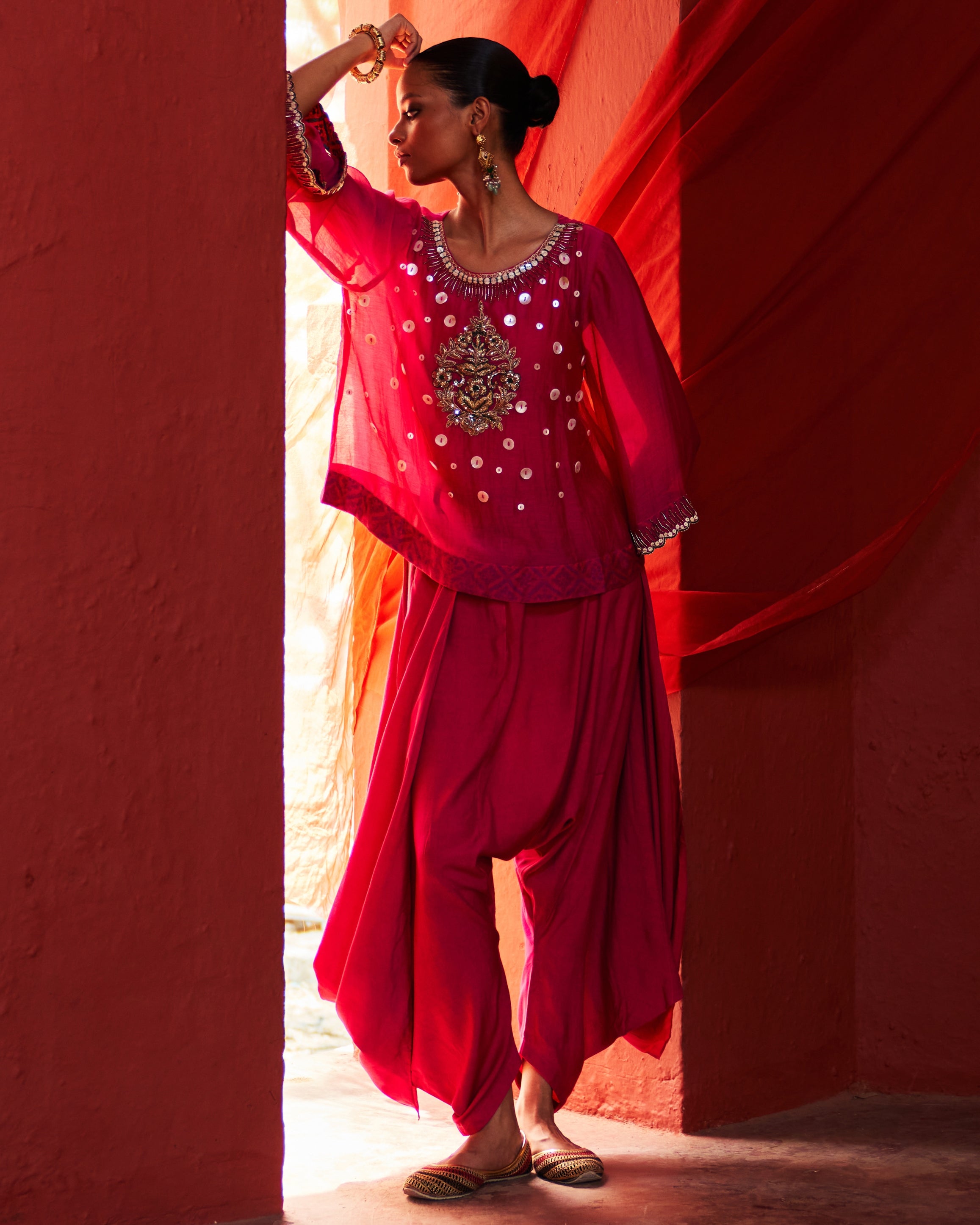 Pink Chanderi Top With Drape Pant Set