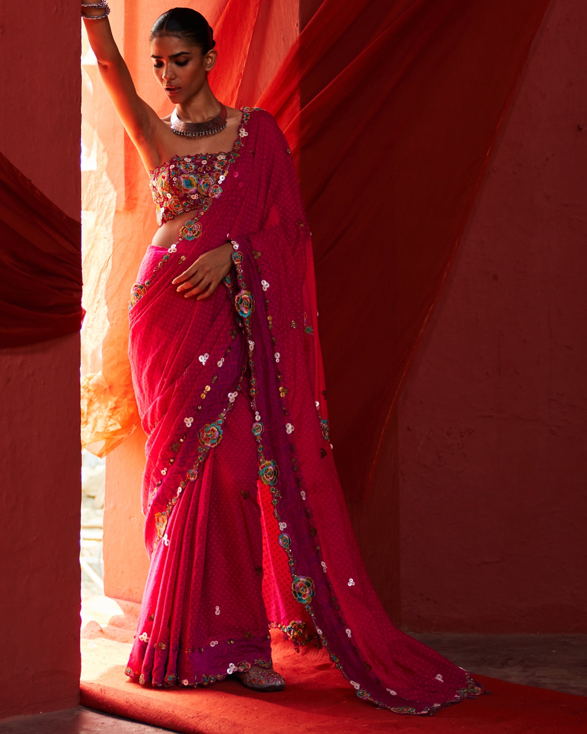 Pink Classic Embroidered Sari Set