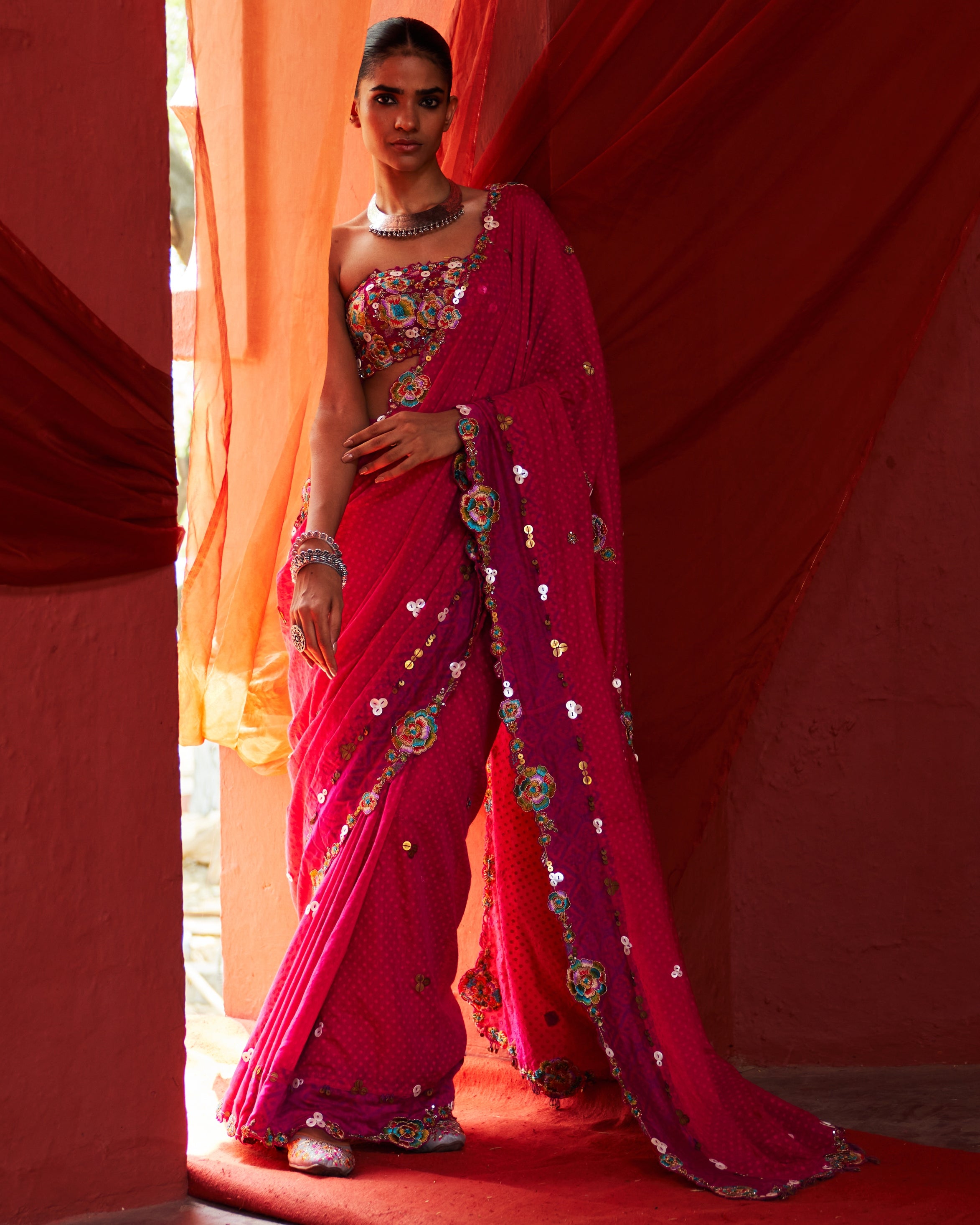 Pink Classic Embroidered Sari Set