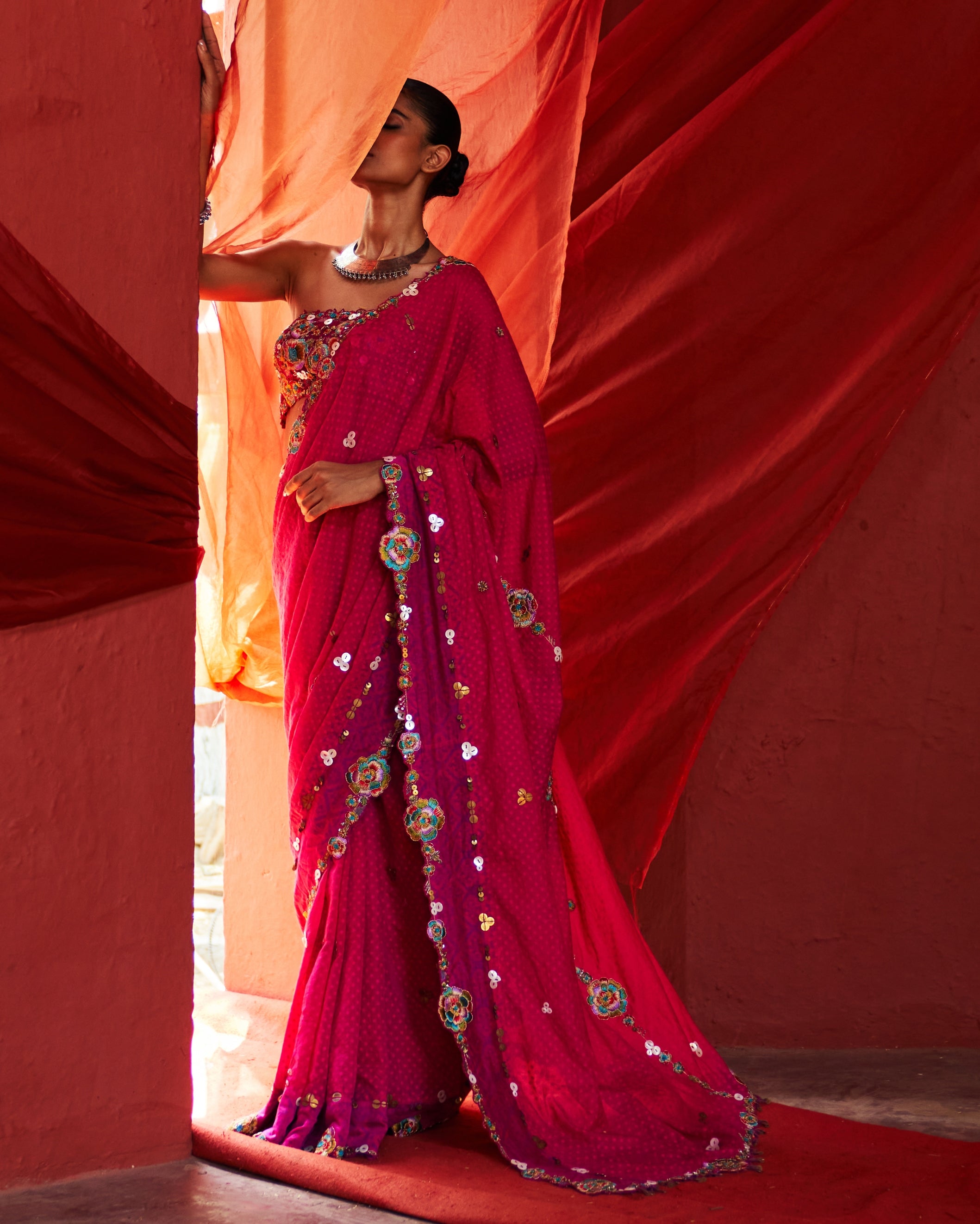 Pink Classic Embroidered Sari Set