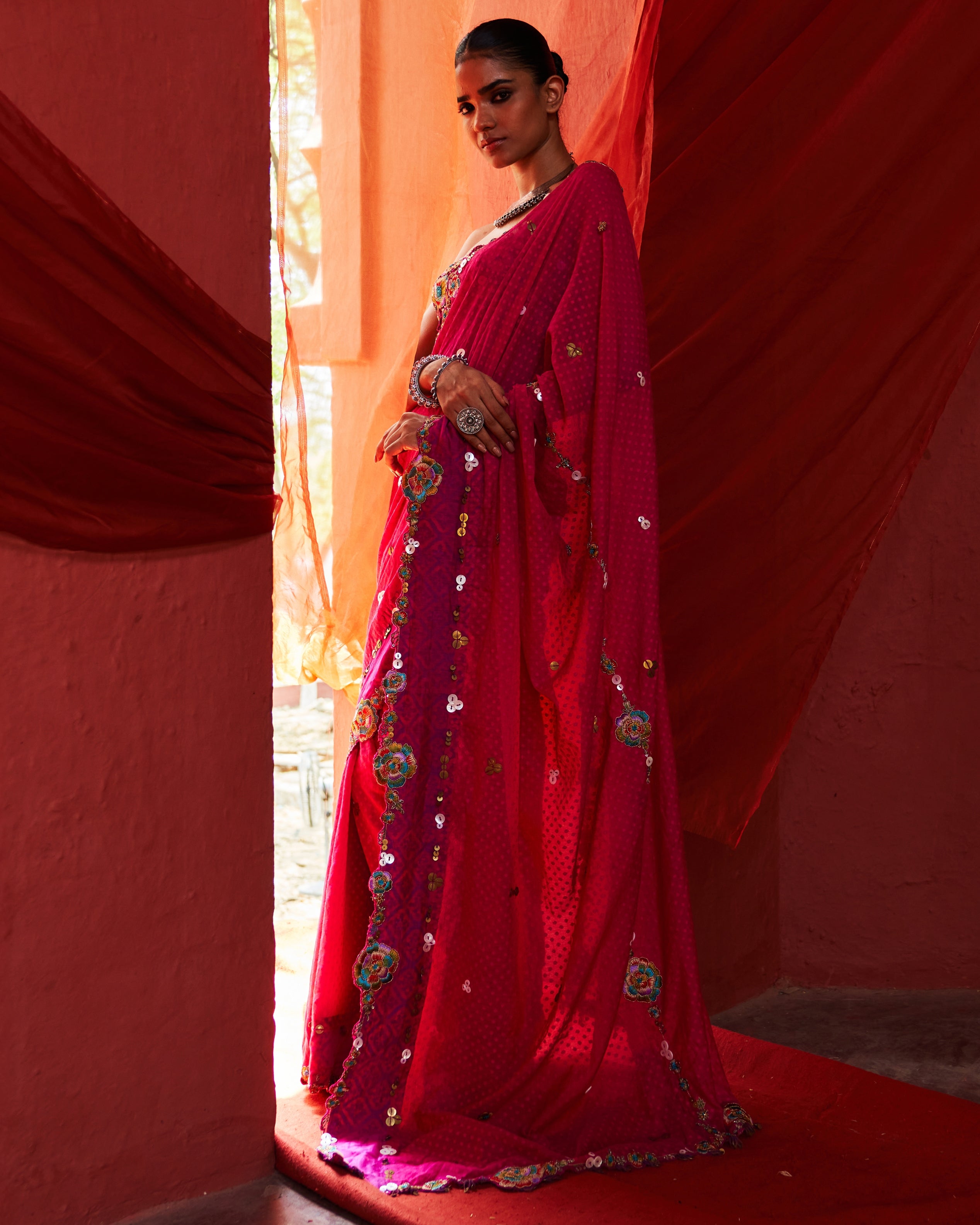 Pink Classic Embroidered Sari Set