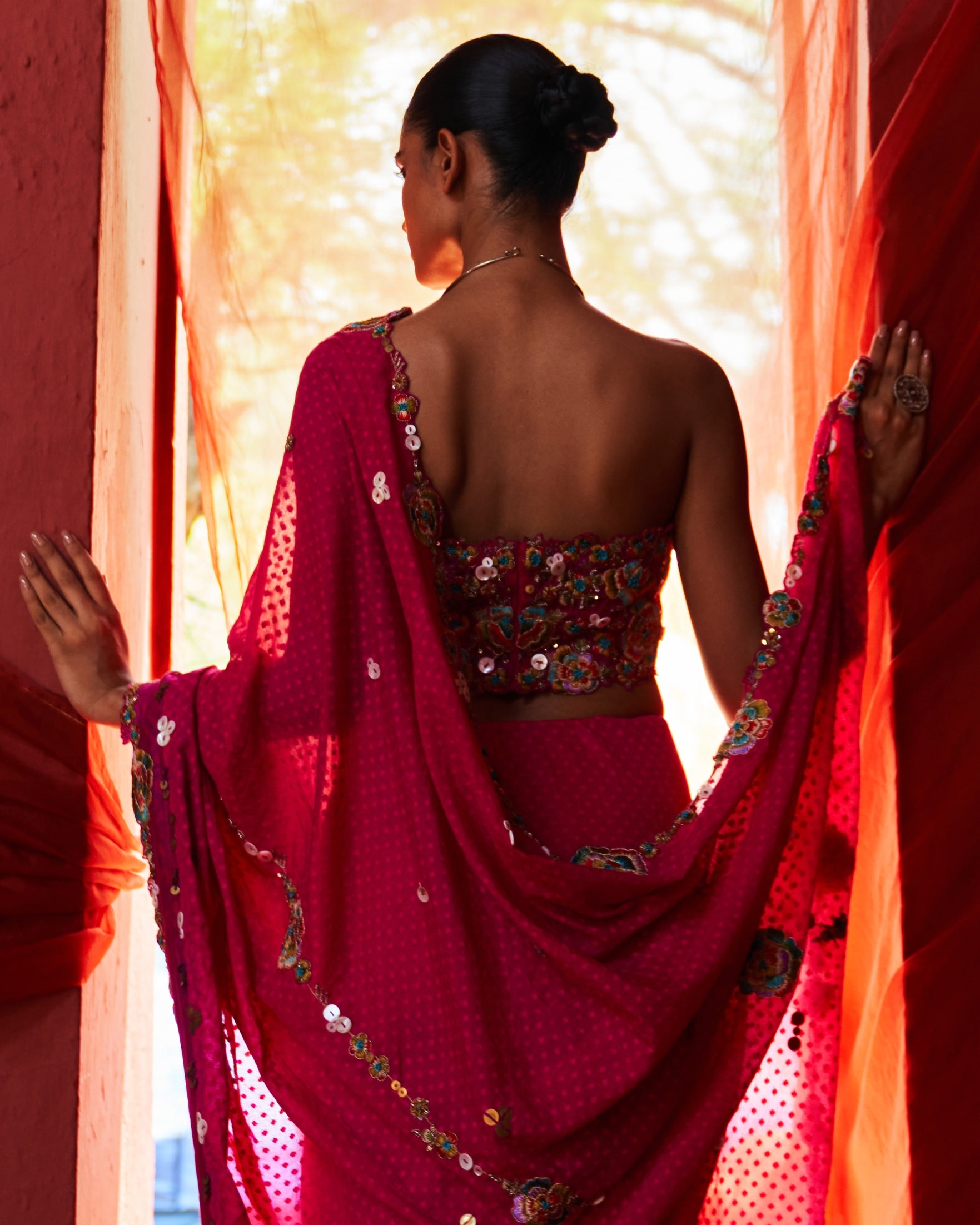 Pink Classic Embroidered Sari Set