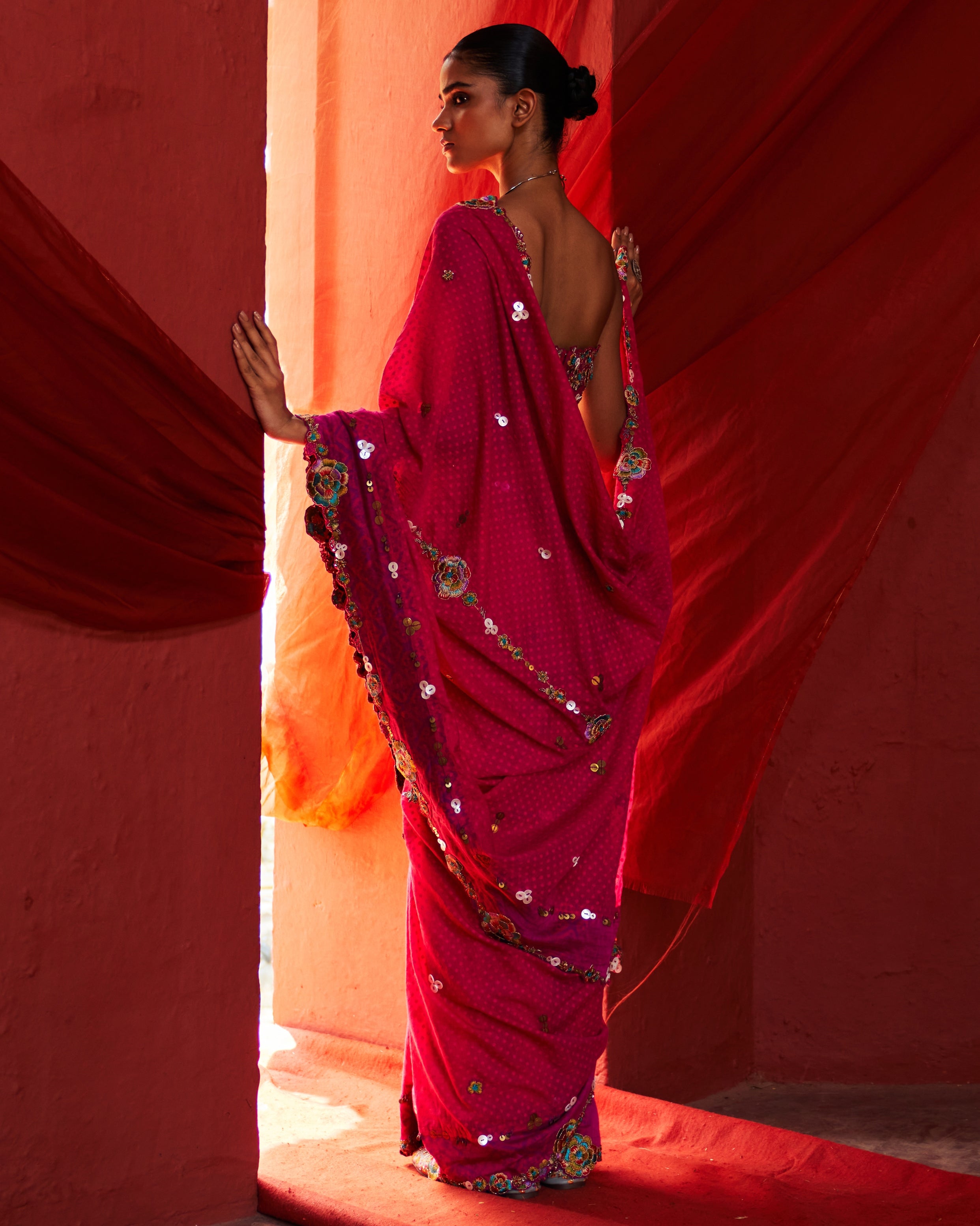 Pink Classic Embroidered Sari Set