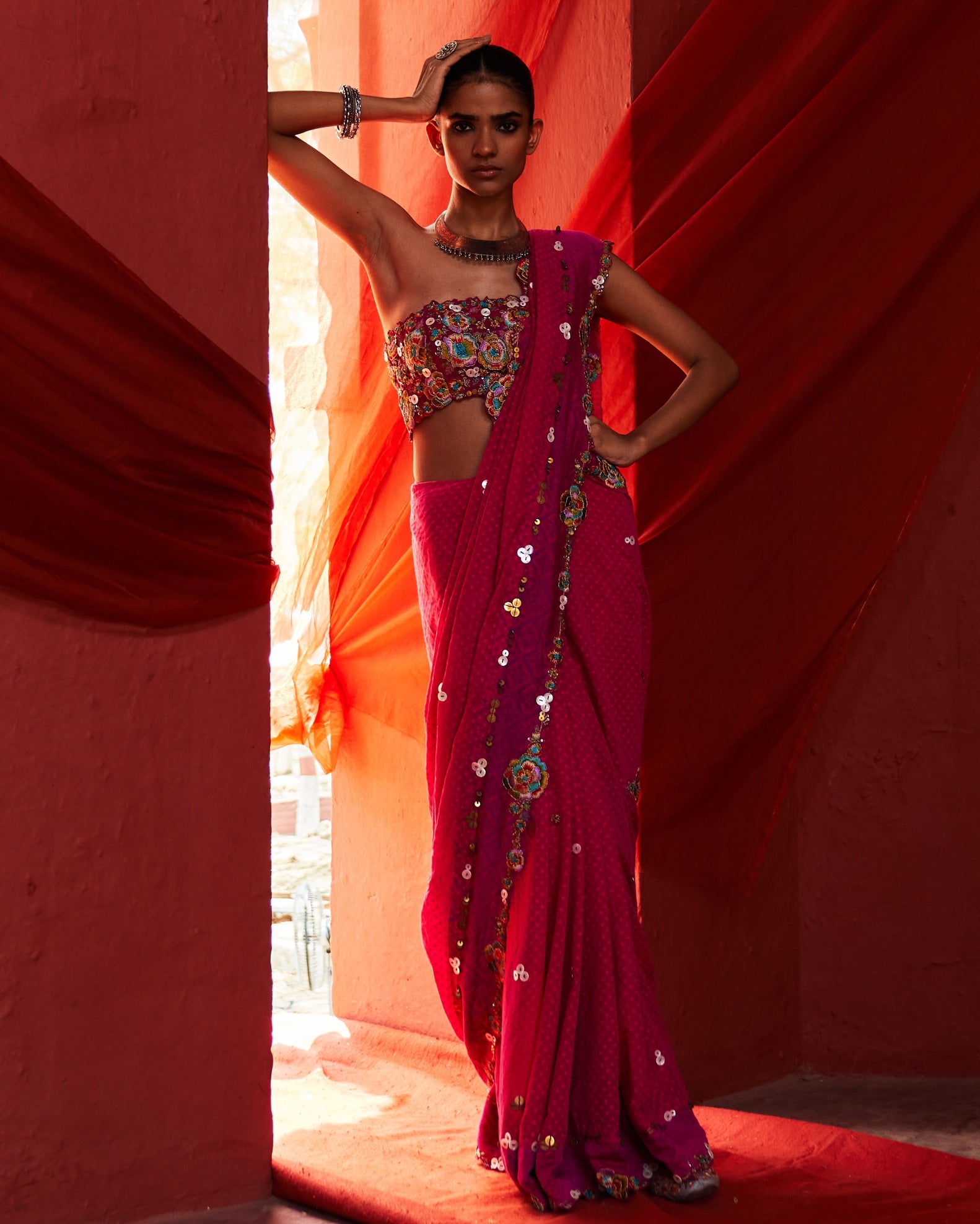 Pink Classic Embroidered Sari Set