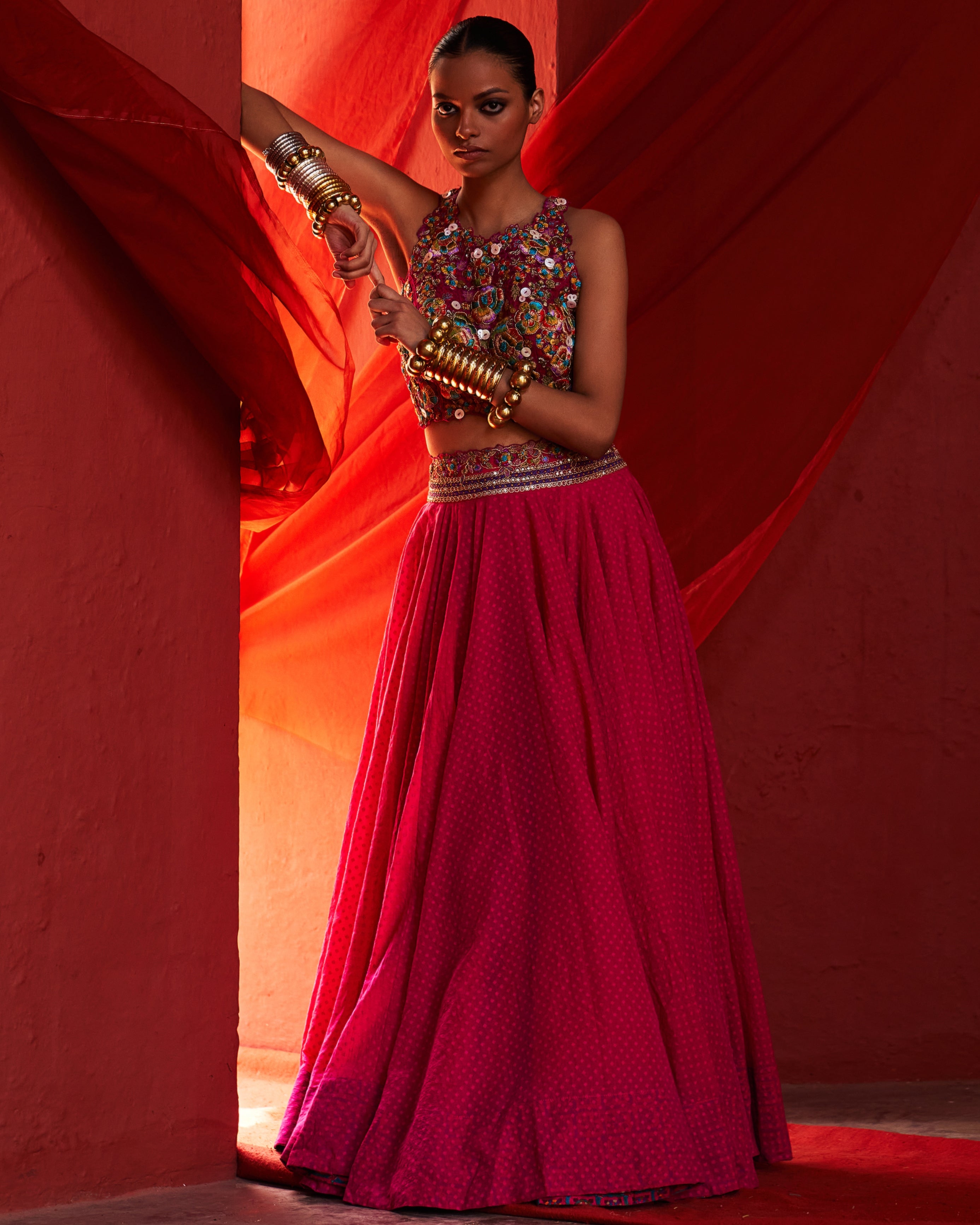 Pink Chanderi Embroidered Lehenga Set