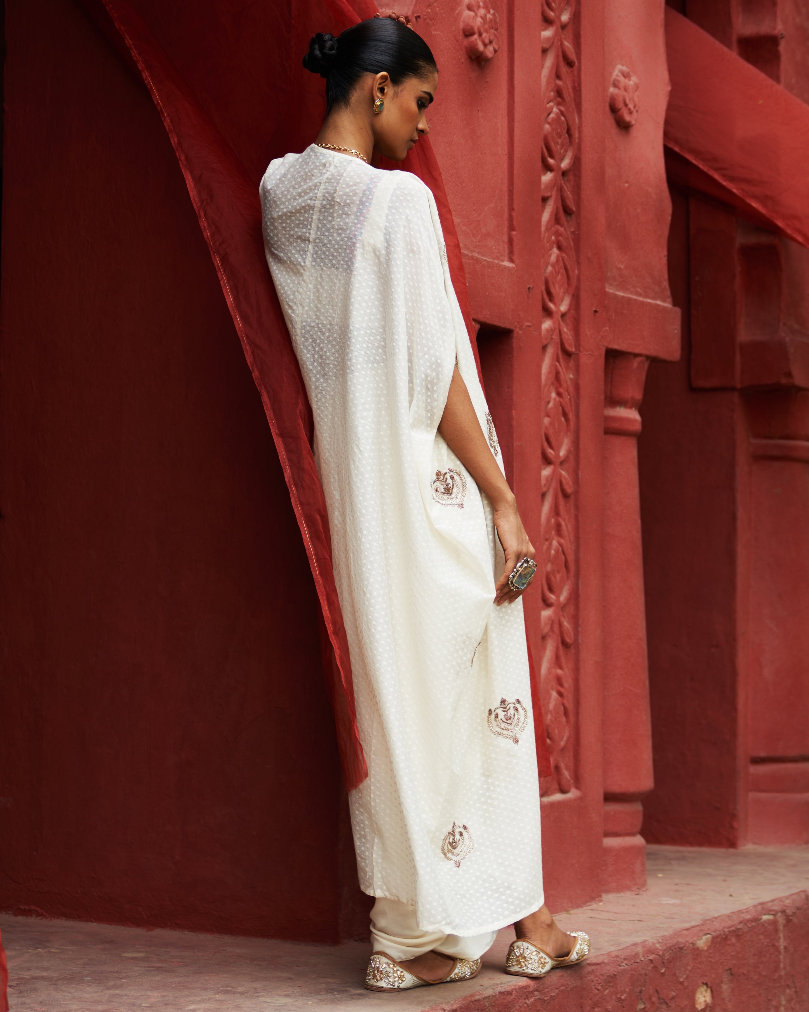 Embroidered Ivory Cape & Drape Skirt Set