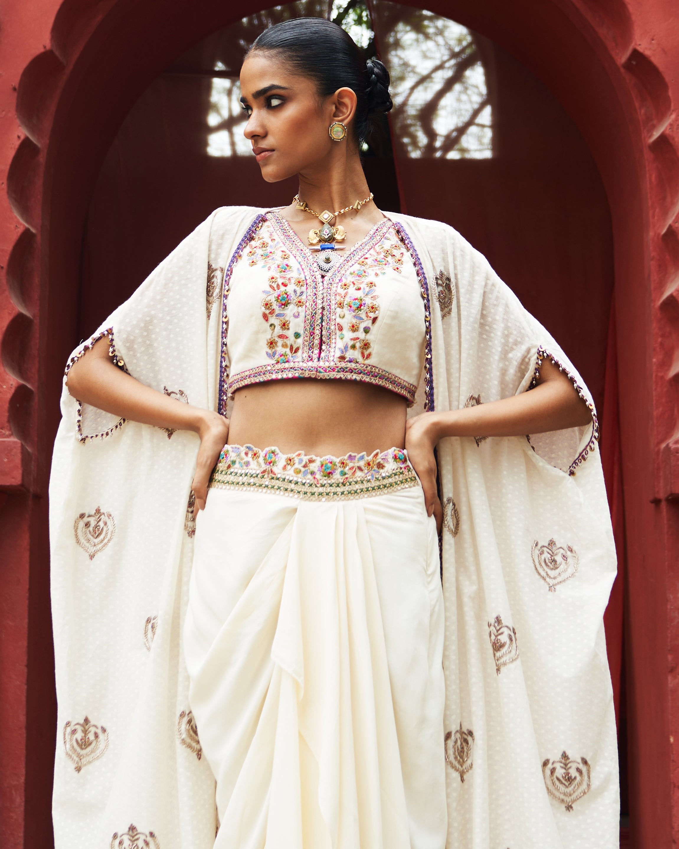 Embroidered Ivory Cape & Drape Skirt Set