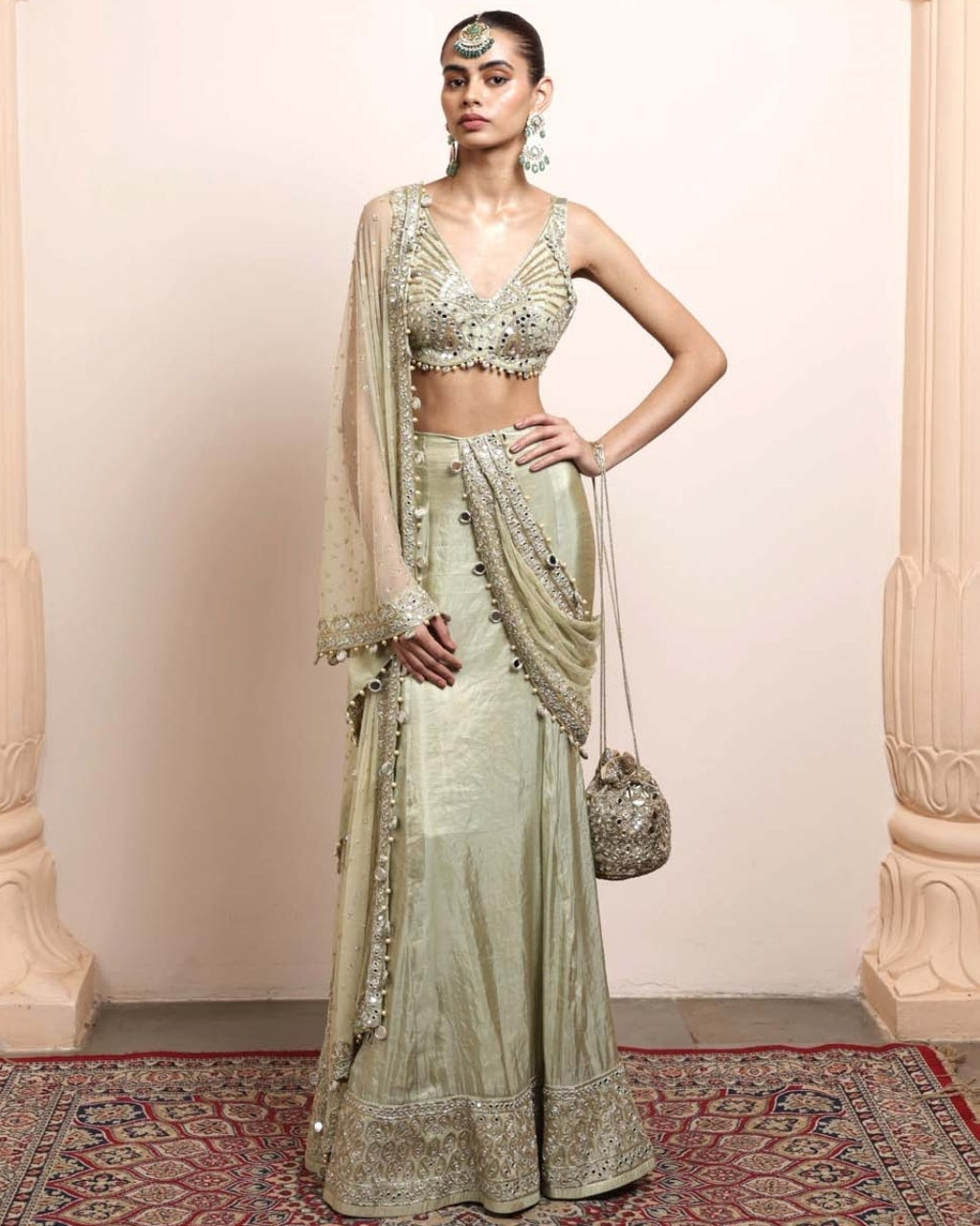 Sea Green Silk Tissue Godet Sari Set