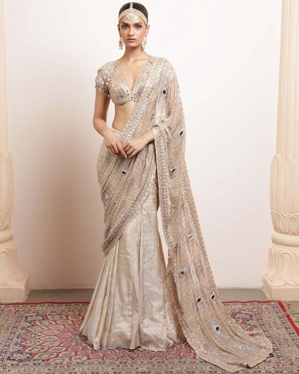 Rose Gold Silk Tissue Godet Sari Set